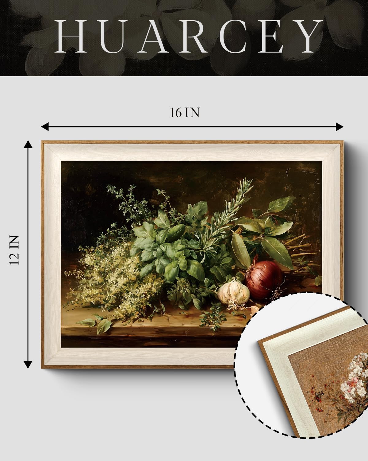 HUARCEY Vintage Herb Kitchen Wall Art Framed Canvas Print 12x16 inch, Fresh Basil Rosemary Bay Leaves Garlic Onion Greenery Botanical Still Life, Farmhouse Kitchen Dining Room Pantry Home Decor