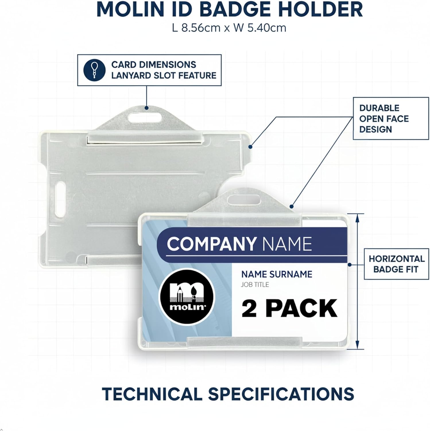 25 Pack - Molin Horizontal ID Badge Holder | Open Face ID Card Holder for Lanyard, Name Badge, Keycard, Access Card | Durable Clear ID Sleeve for Work, Office, Events & Identification Supplies