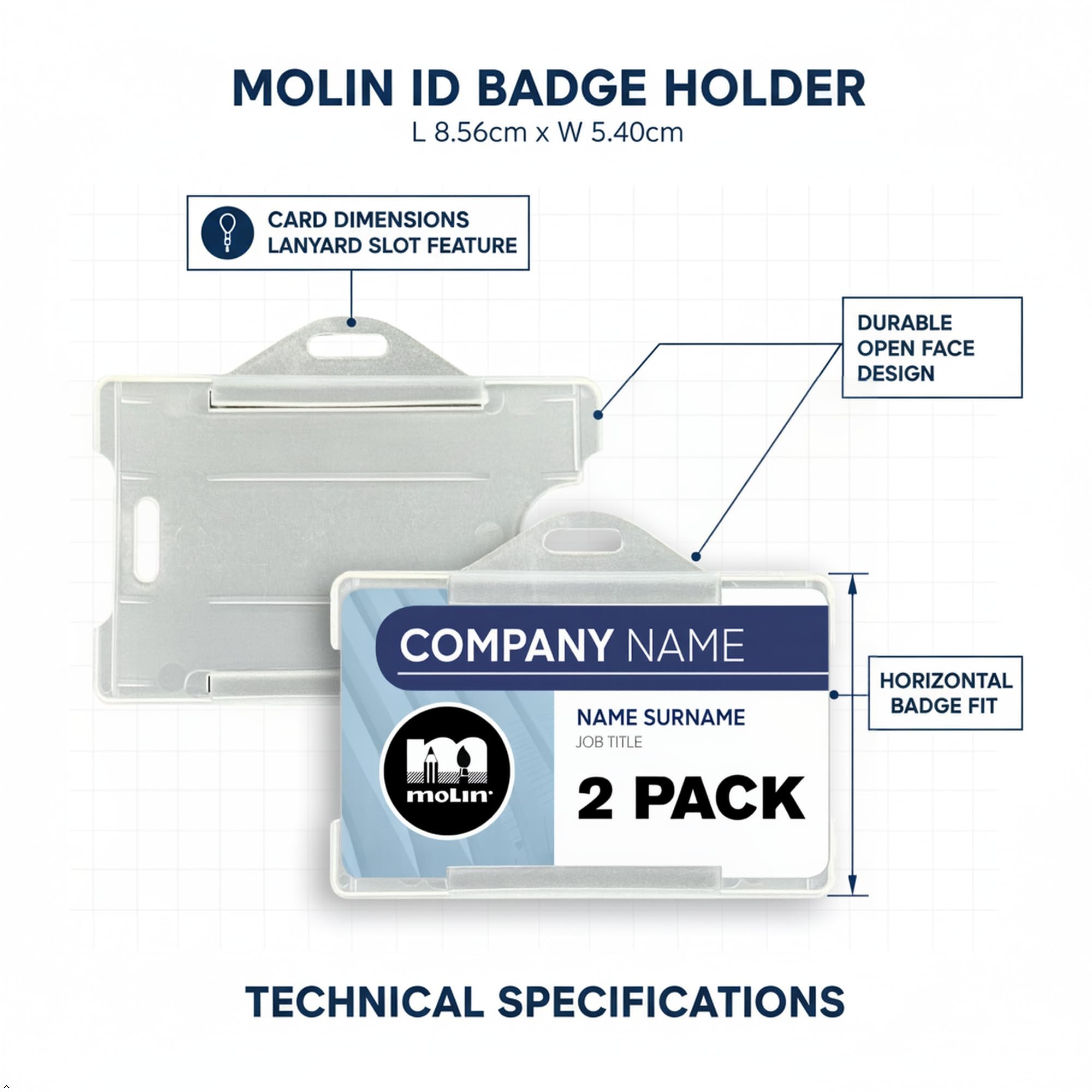 Molin Lot de 25 porte-badges horizontaux | Porte-carte d'identité ouvert pour cordon, badge nominatif, carte clé, carte d'accès | Pochette d'identité transparente durable pour le travail, le bureau