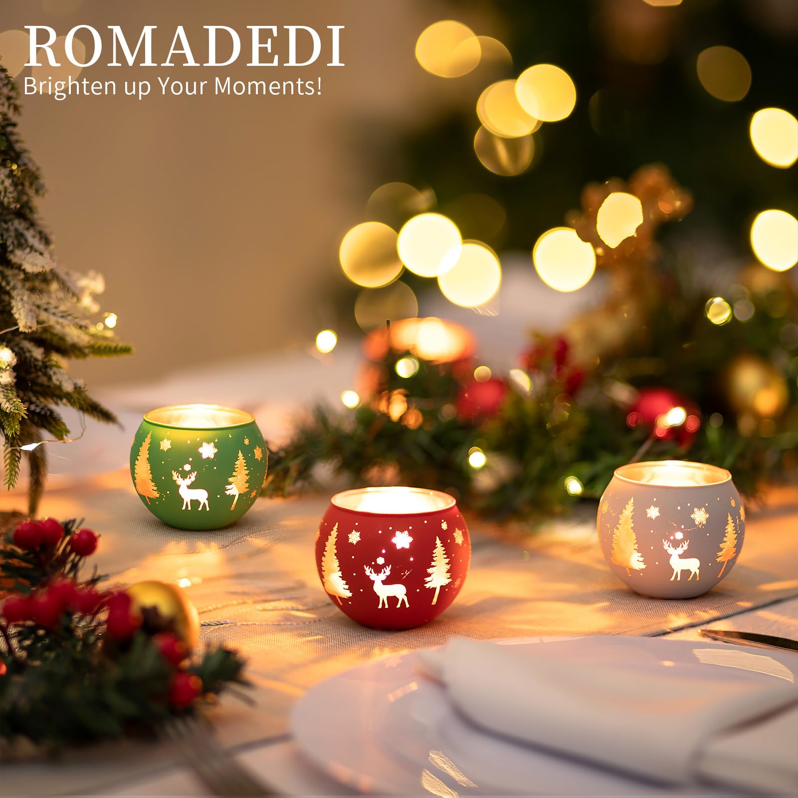 Romadedi Juego de 6 portavelas votivos para decoración de Navidad, portavelas de cristal, luz de té, café, mesa de cena, centro de mesa, decoración de Navidad, hogar, fiesta, vacaciones