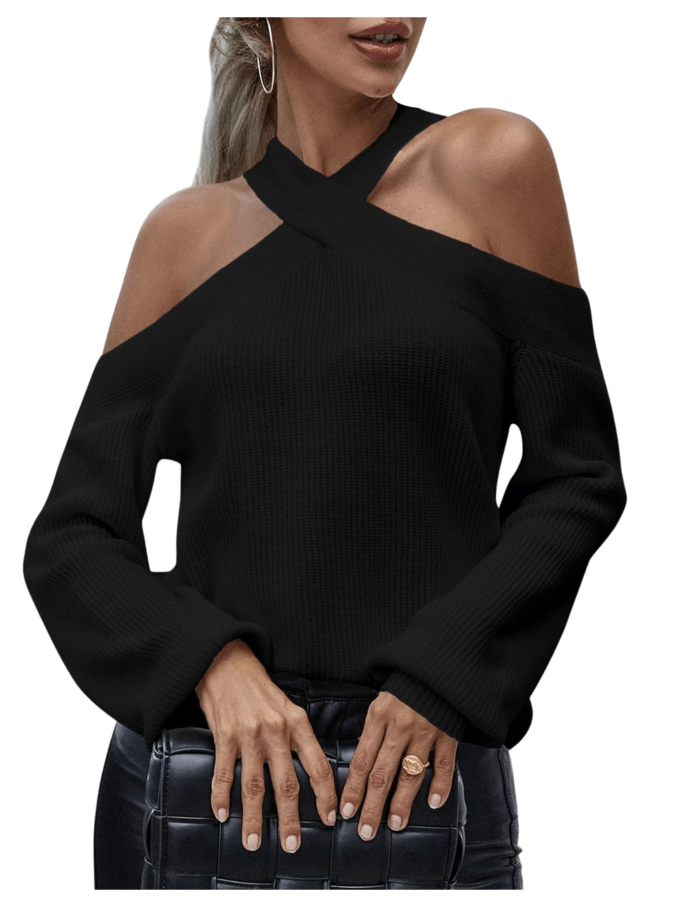 MakeMeChic Womens Off The Shoulder Sweater Halter Criss Cross Knitted Fall Long Sleeve Pullover Sweaters Tops