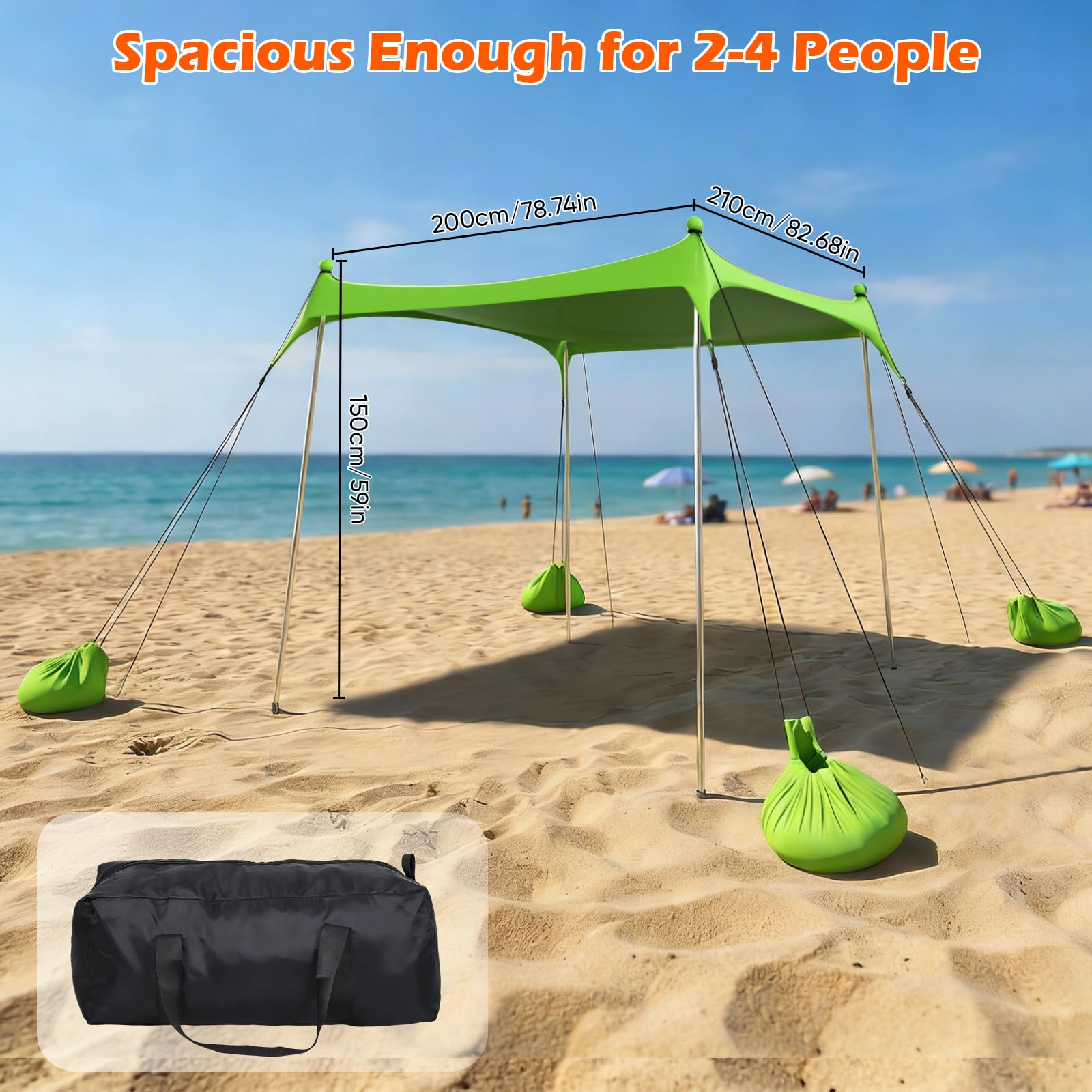 Tenda da spiaggia 2 x 2,1 m, Parasole UPF50+ Portatile per 2-3 Persone – Kit Parasole da Esterno con Pali, Picchetti, Corde e Borsa Trasporto – Ideale per Spiaggia, Campeggio, Picnic – Verde