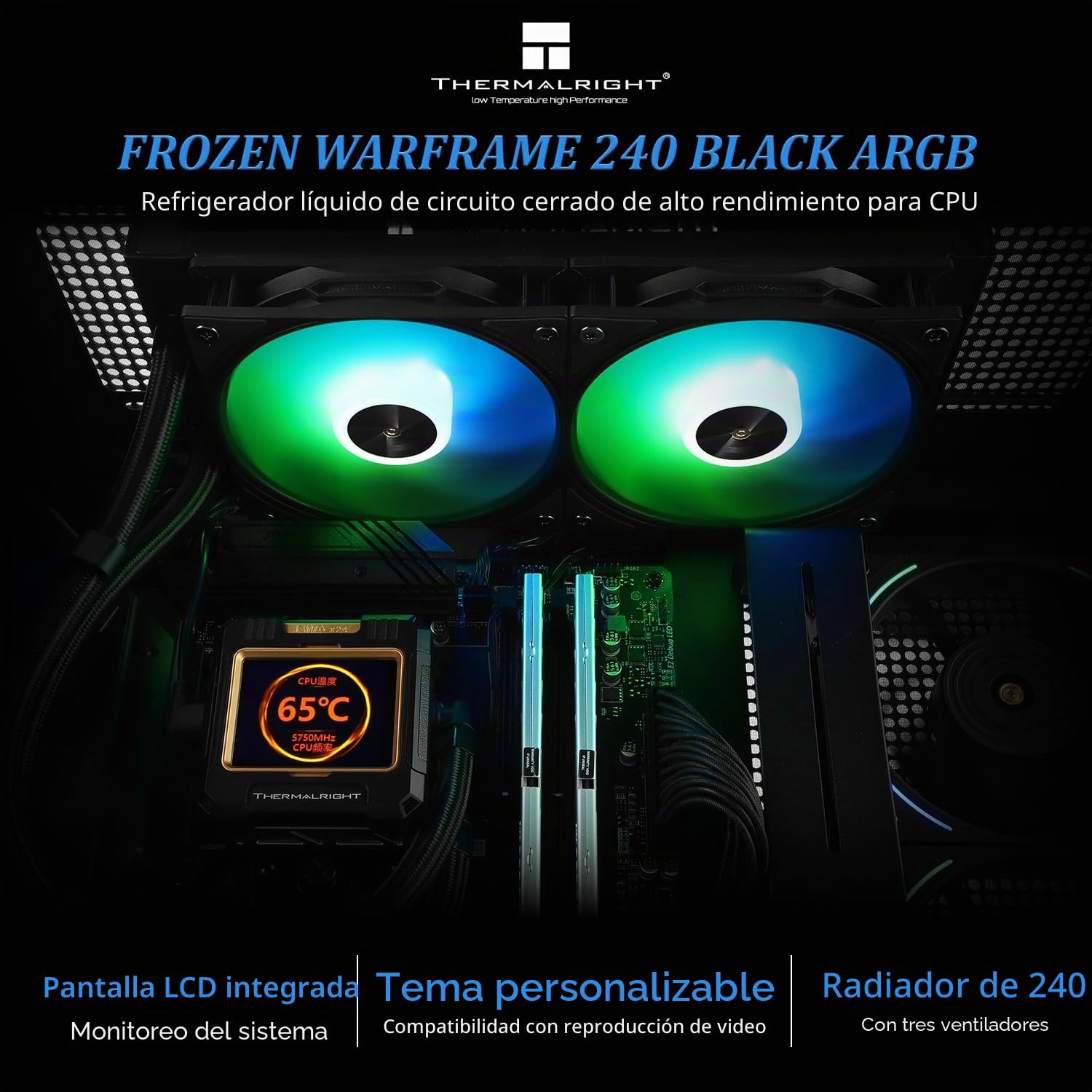 Thermalright Frozen Warframe 240 Black ARGB-240mm AIO - Enfriador líquido para CPU, pantalla LCD IPS con resolución de 320 x 240, para AM4/AM5 e Intel LGA1700, pantalla de 2.4 pulgadas para imágenes y