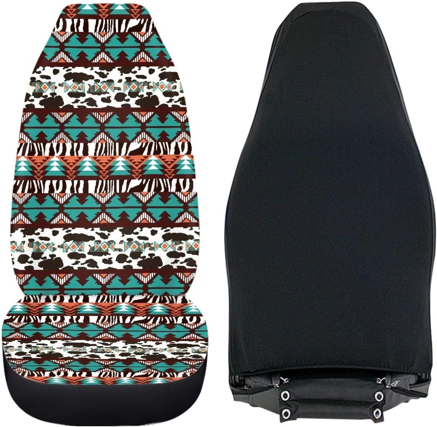 Aztec Cow Print Car Seat Cover Front Seats Only for Women, Aztec Southwest Stripe High Back Bucket Seat Protector Universal Fit for Most Vehicle,Set of 2