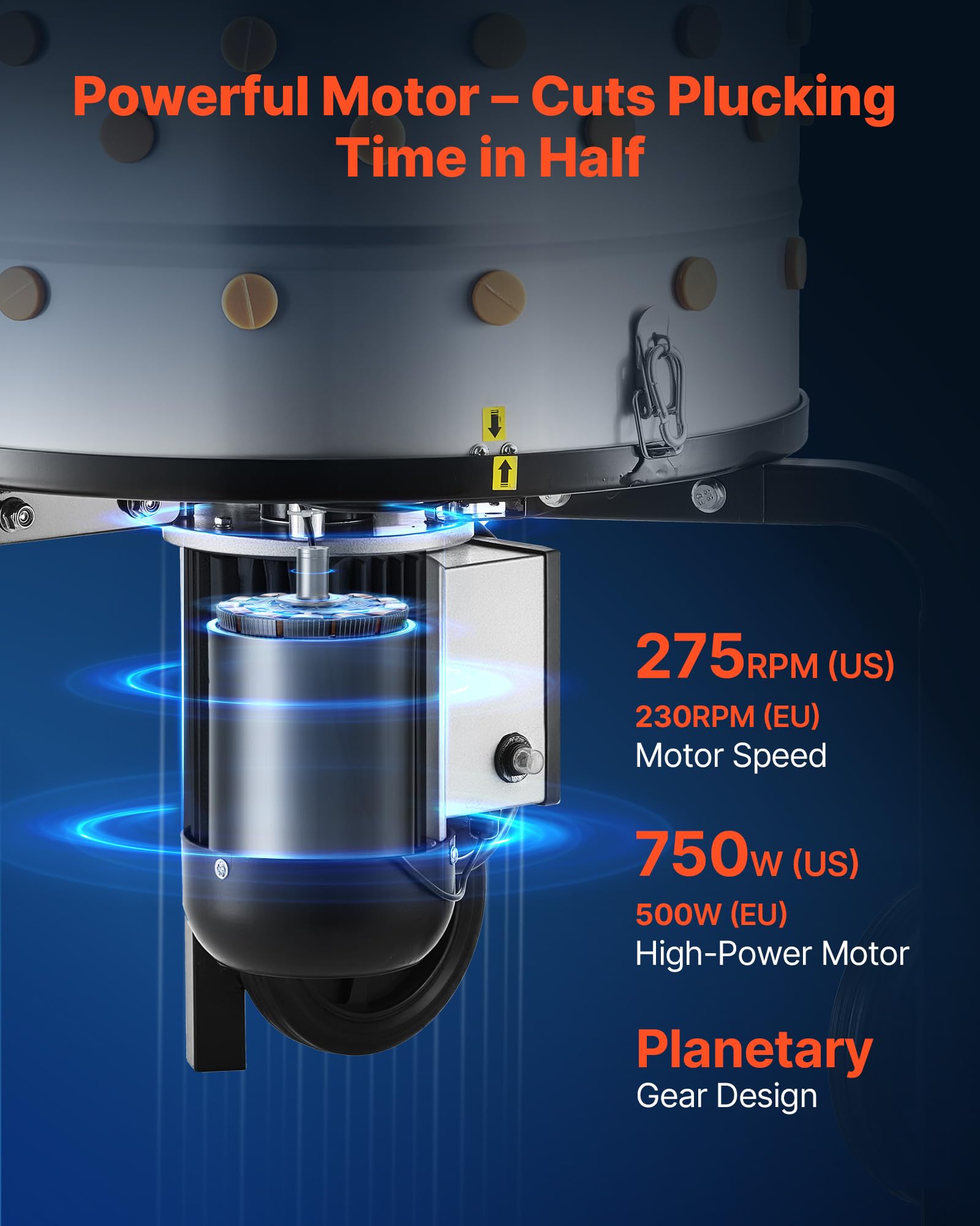 VEVOR Chicken Plucker Machine, 19.7 in Drum, 750W & 275RPM Electric Chicken Plucking Machine with 98 Soft Fingers & Transport Wheels, Stainless Steel Feather Remover for Processing 2 Chicks Once - 4