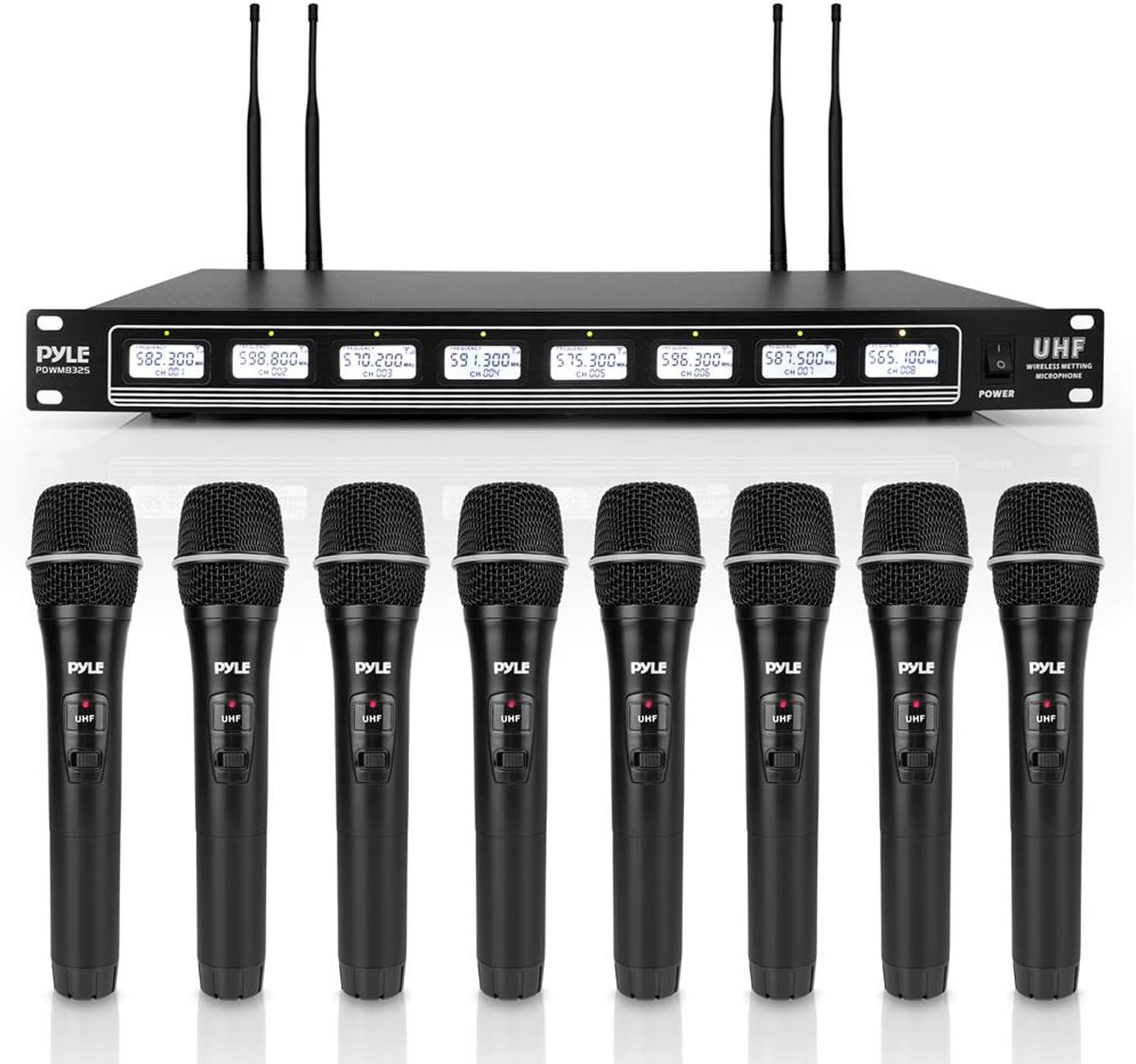 Pyle PDWM8325 8 Channel UHF Wireless Microphone System showing receiver and all eight microphones.