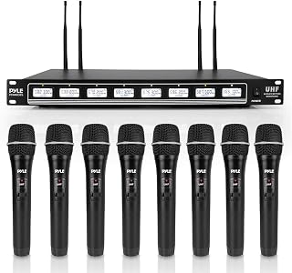 Pyle PDWM8325 8 Channel UHF Wireless Microphone & Rack Mountable Receiver Audio Sound System, Black