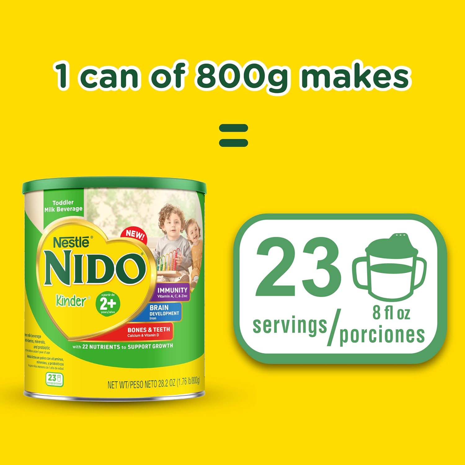 Nestlé NIDO Kinder Toddler Milk Beverage Powder Mix, 2 + Years, 23 Servings per Container, 28.2oz (Pack of 4)