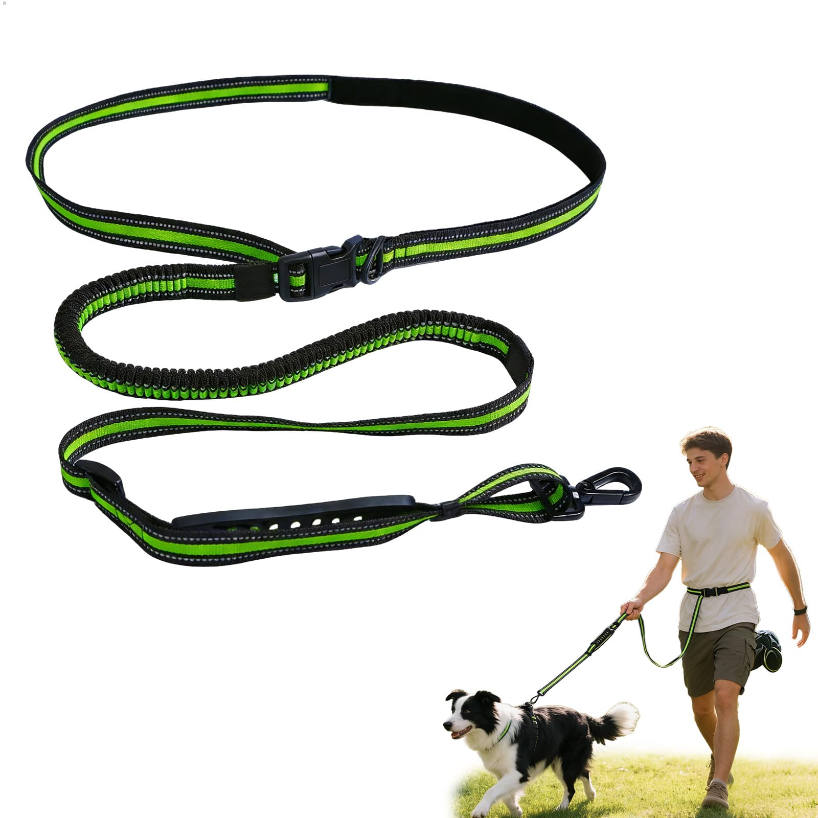 Dog Running Lead, Running Dog Lead with Waist Belt, Bungee Dog Lead Hands Free Dog Lead 2.5m Reflective Bungee Leash with Safety Traffic Handle Fluorescent Green for Runnings and Walking