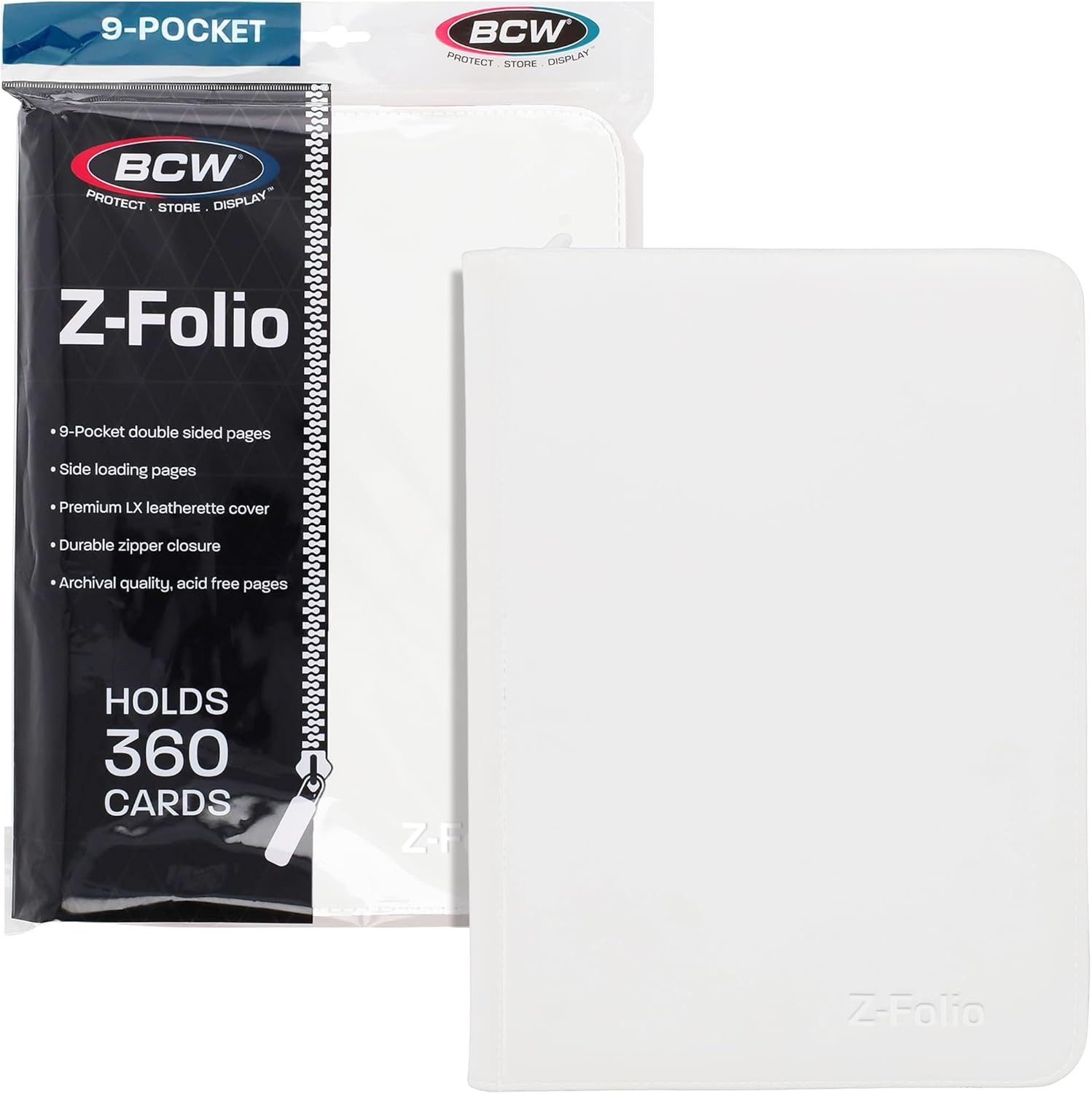 BCW Z-Folio 9-Pocket LX Album - White | Secure Zipper Card Organizer | Premium Leatherette Card Collection Binder | Trading Card Binder for Pokemon, MTG, Sport Cards and More