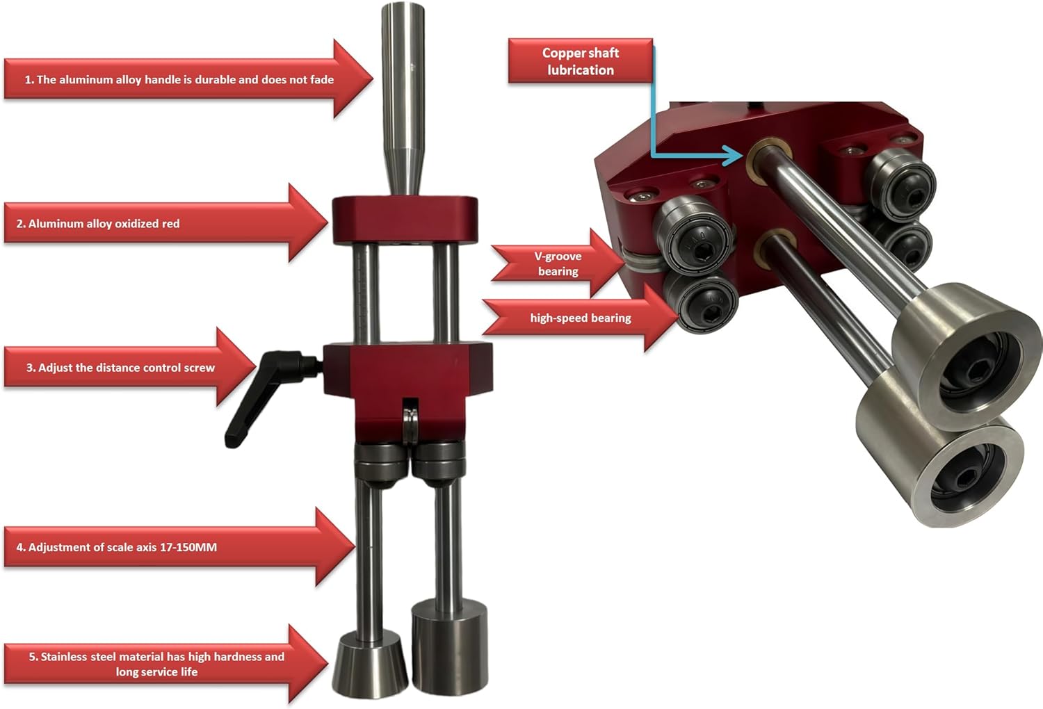 Professional Sheet Metal Roller Bender Tool, Red Aluminum Frame, 0-90 Degree Angle Adjustment, Standing Seam Roofing Edge Bender with 6 Rollers