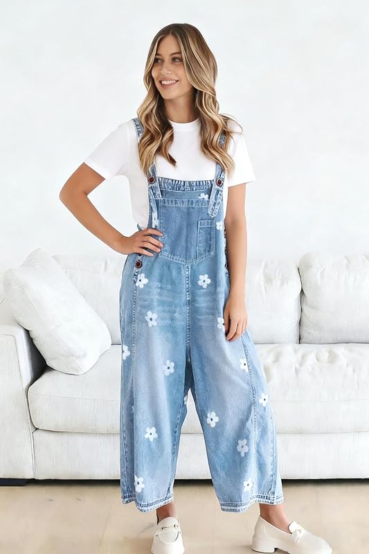 utcoco Women Floral Printed Adjustable Strap Denim Bib Overall Wide Leg Jeans Casual Baggy Overalls Jumpsuit (Small, Light Blue) image 3