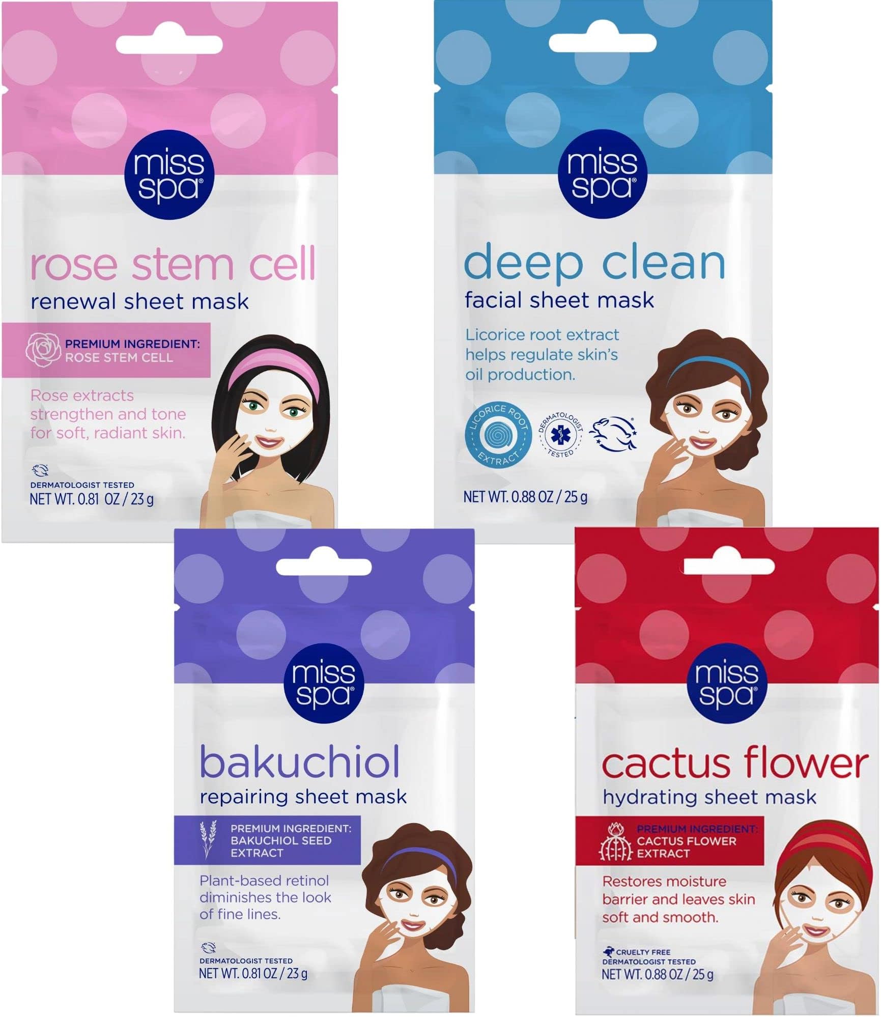 Face Mask Skin Care Set, Hydrating Brightening Facial Sheet Masks, Rose Stem Cell, Deep Clean, Bakuchiol, Cactus Moisturizing Mask, Skin Care Set for Women, Dermatologist Tested, 4 Pack