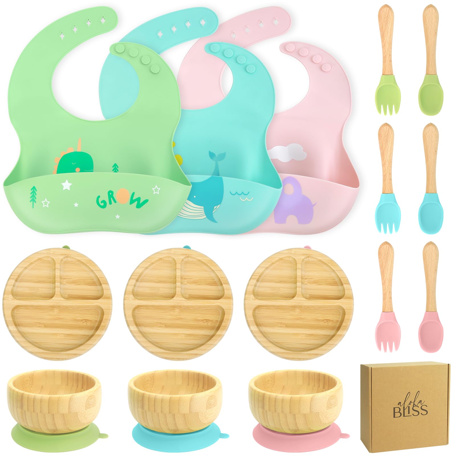 Juego de platos de bambú para bebé alohaBliss, platos con ventosa, tazón, babero, tenedor y cuchara, platos para niños pequeños para una alimentación fácil y comidas sin ensuciar.