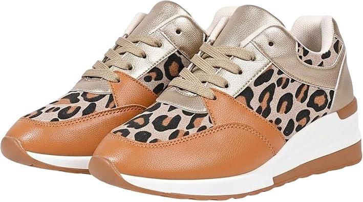 Leopard Wedge Trainers for Women Lace-Up Wide Fit Round Toe