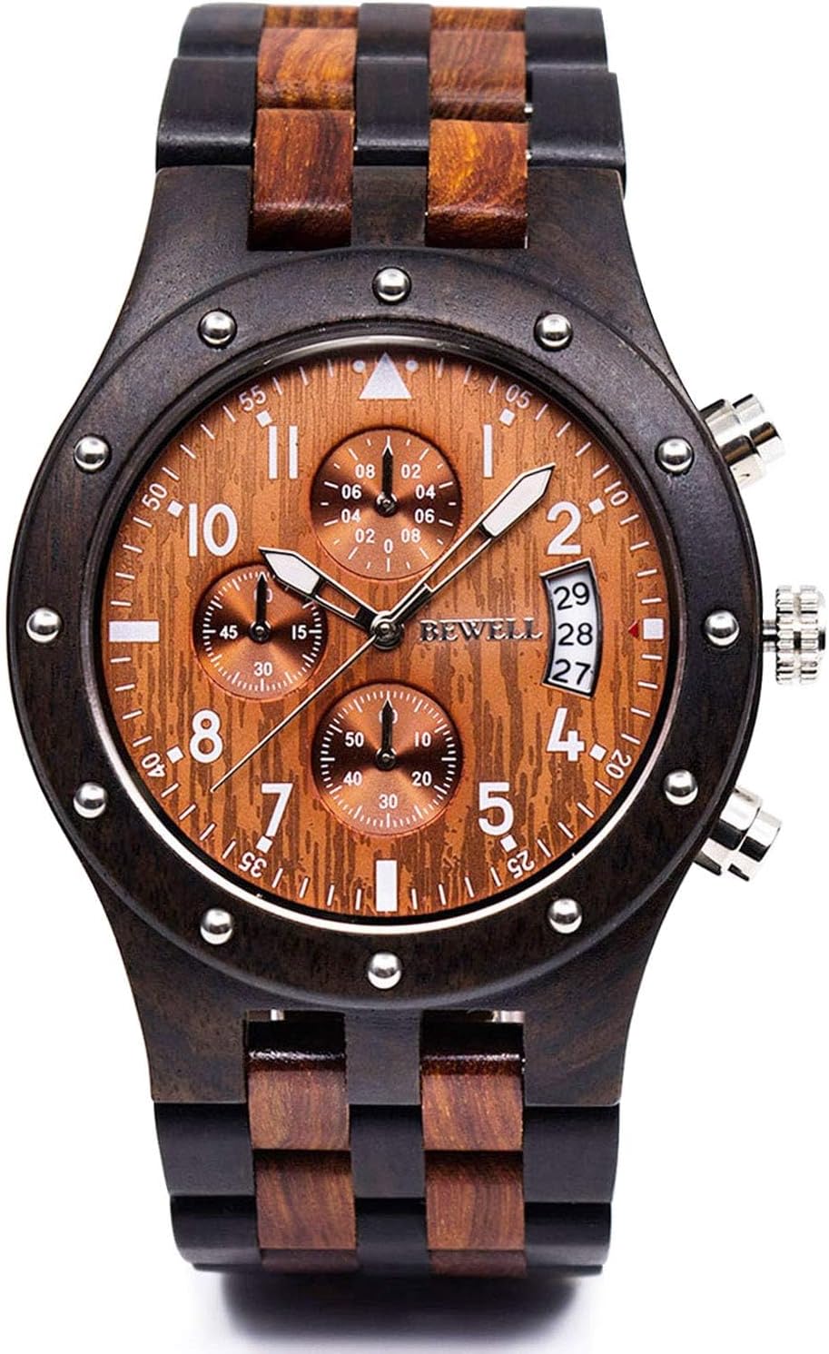 BEWELL W109D Sub-dials Wooden Watch Quartz Analog Movement Date Wristwatch for Men