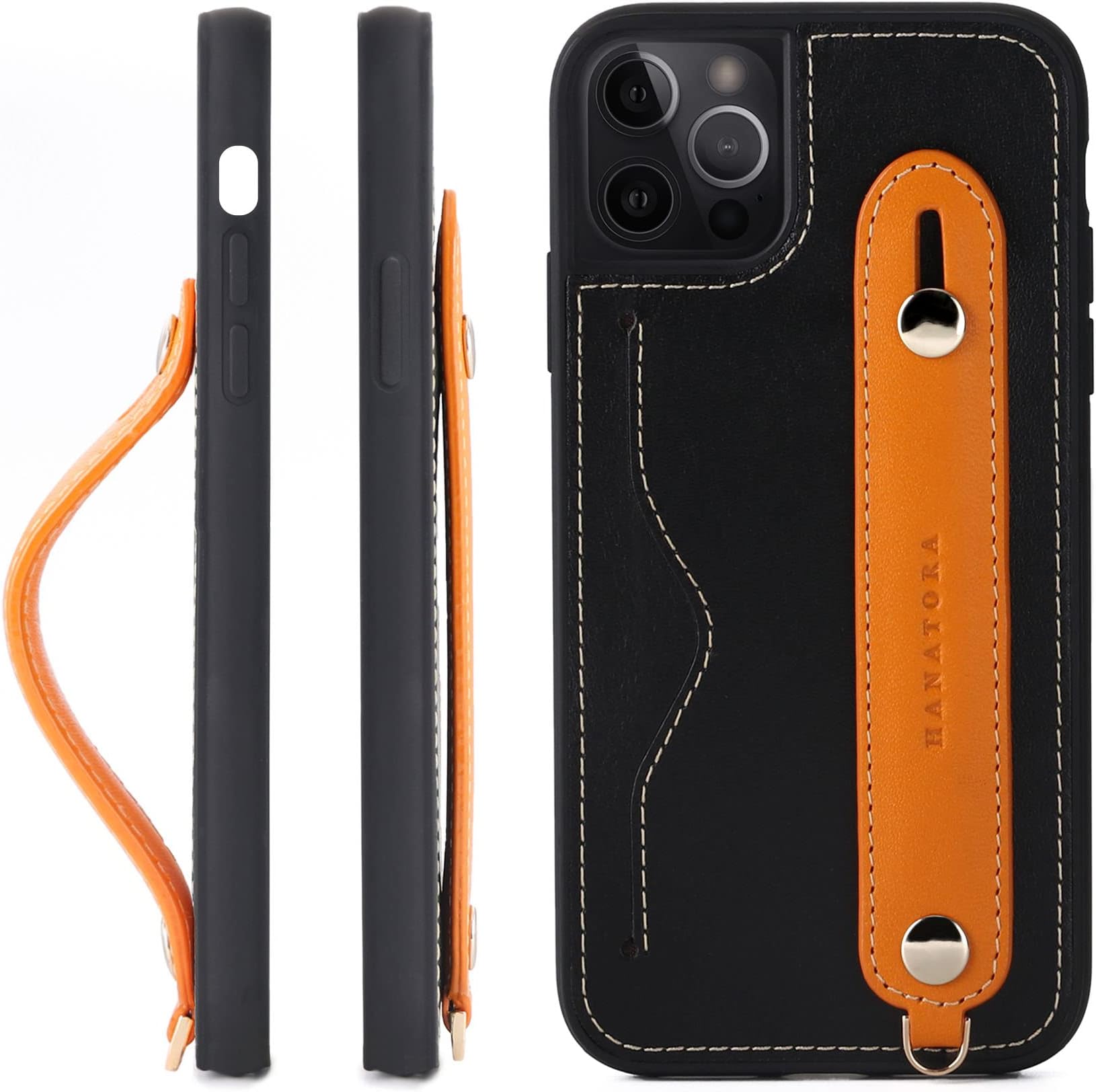 Hanatora] iPhone14 Pro Case Genuine Leather Leather Grip Leather Strap Attached Italian Cowhide Tanned Leather One-Handed Card Slot Stand Function Men's Women's Black/Orange CGH-14Pro-Black-OG-US