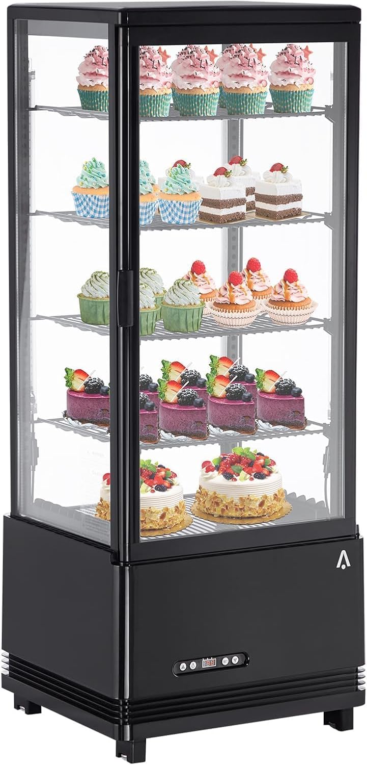 PeakPursuit Countertop Display Refrigerator 3.4 Cu.ft, 4-Tier LED Pastry Cooler, Sliding Door, Adjustable Shelves, Commercial Fridge for Bakery Cafe Restaurant, Frost-Free, Black