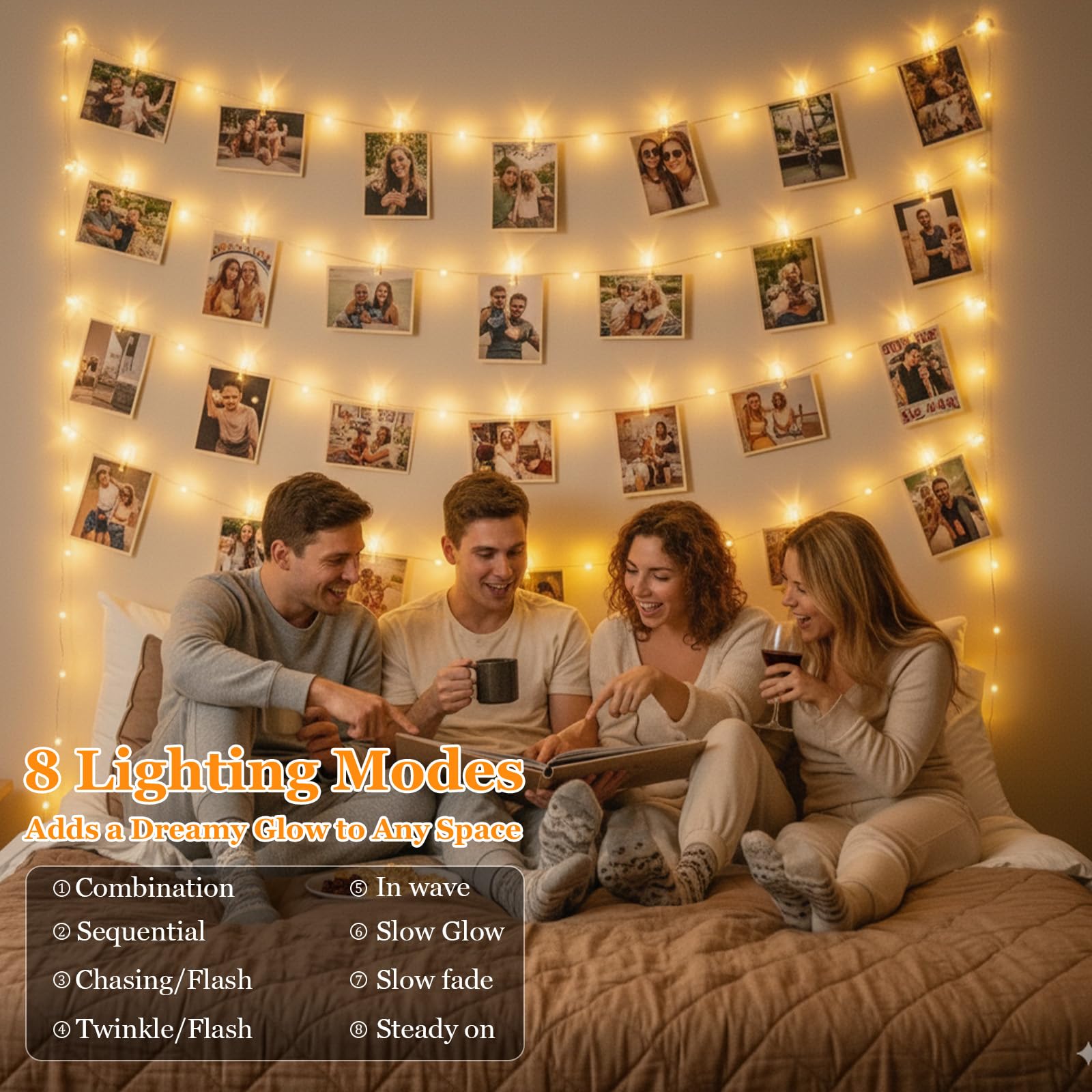 Lakumu Wiederaufladbare Foto-Clip-Lichterkette, 100 LEDs, batteriebetriebene Lichter mit 60 transparenten Clips, 8 Modi und Timer, funkelnde Lichter für Schlafzimmer, Schlafsaal, Wand, Hochzeit