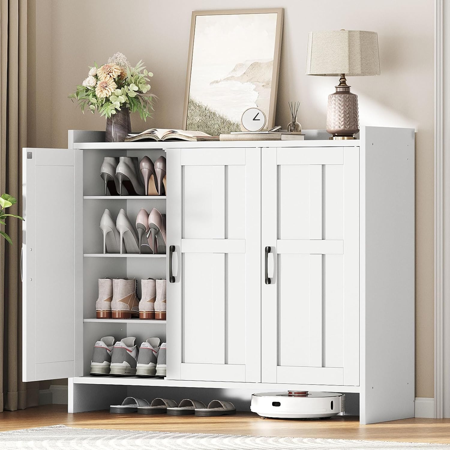 HOOBRO Shoe Cabinet for Entryway, 42.1" Large Shoe Storage Cabinet with 3 Doors, Adjustable Shelves Shoe Organizer for 16-20 Pairs, Freestanding Shoe Rack for Entryway, Hallway, Closet, White
