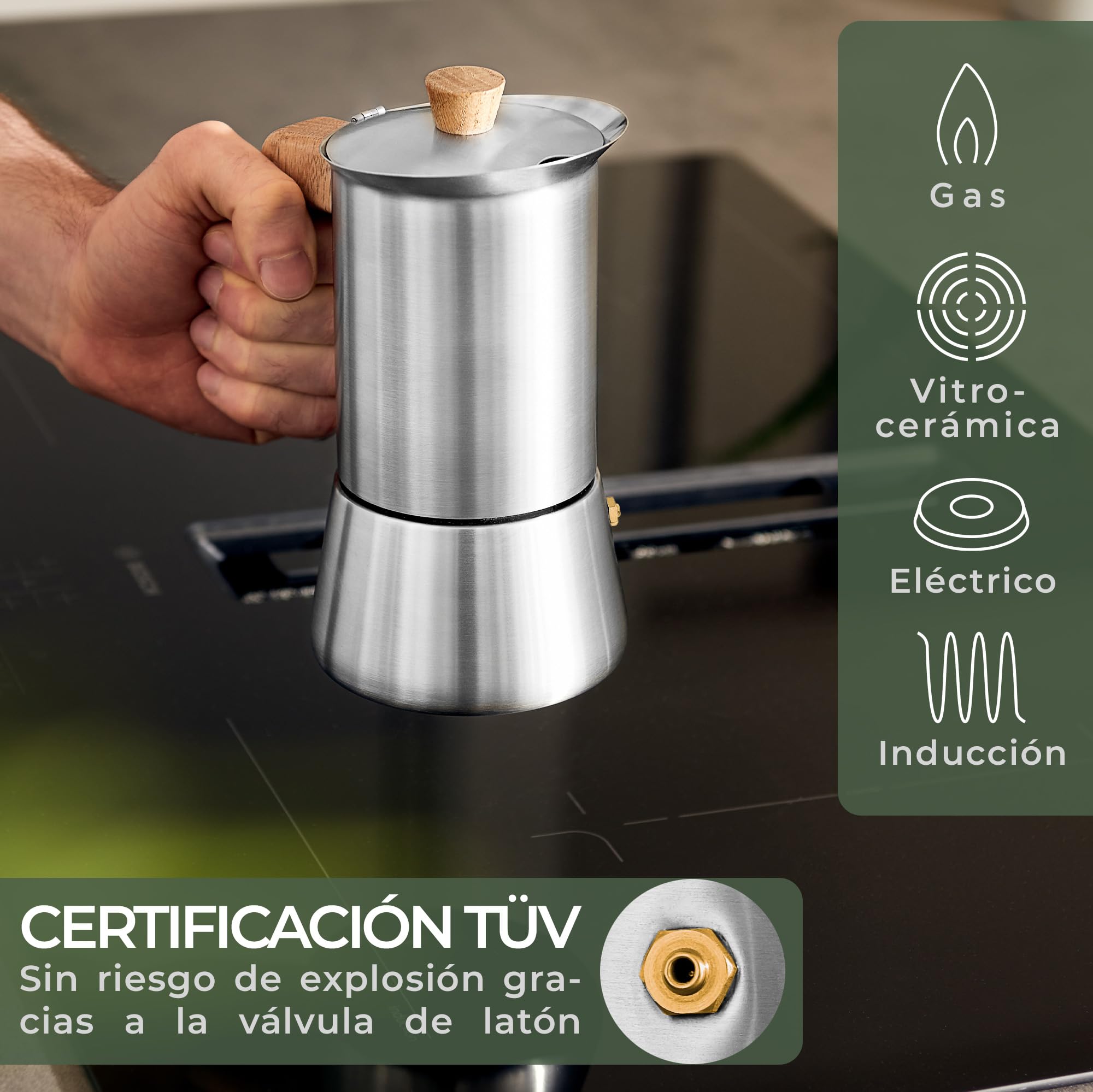 WALDWERK Cafetera italiana induccion (300 ml) – Cafetera italiana acero inoxidable todo tipo de cocinas – Cafetera induccion con mango de auténtica madera de roble