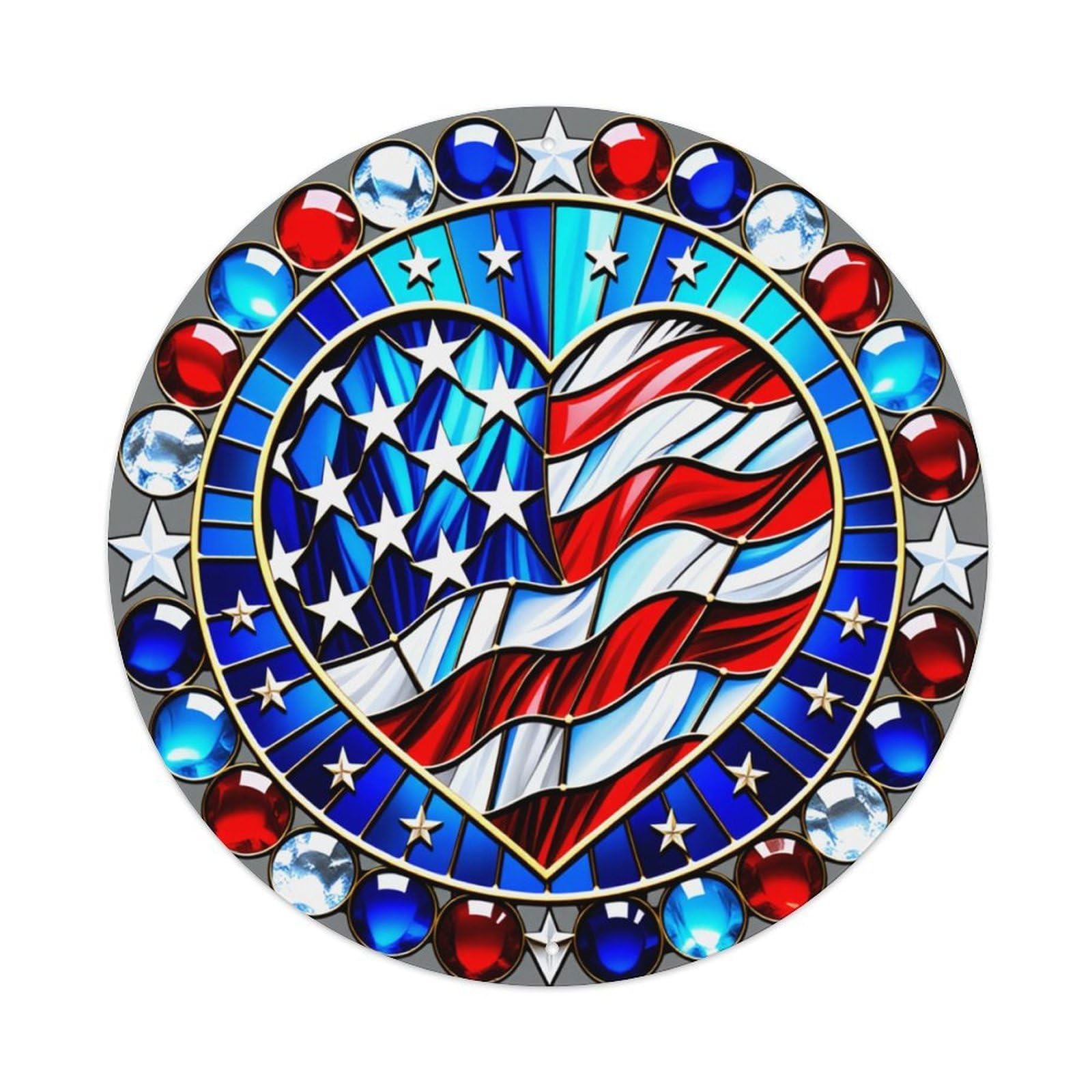American Flag Heart Design Stained Glass Round Tin Sign Vintage Metal Poster, Home Bar Garage Man Cave Cafe Indoor & Outdoor Wall Decoration 8x8Inches