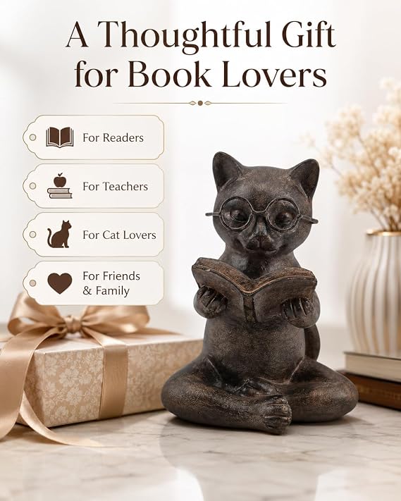 Bronze Cat Figurine Reading Book, Resin Home Decor Accents Statue with Glasses, Cute Tabletop Decor for Bookshelf Desk Office Library, Cat Lovers Gifts for Women Man Teacher Student (Reading Cat)
