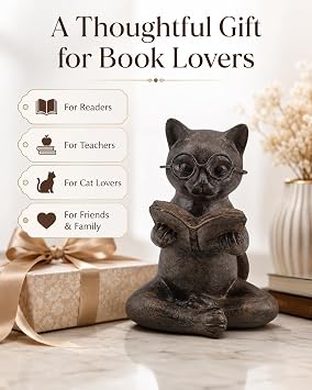Bronze Cat Figurine Reading Book, Resin Home Decor Accents Statue with Glasses, Cute Tabletop Decor for Bookshelf Desk Office Library, Cat Lovers Gifts for Women Man Teacher Student (Reading Cat)