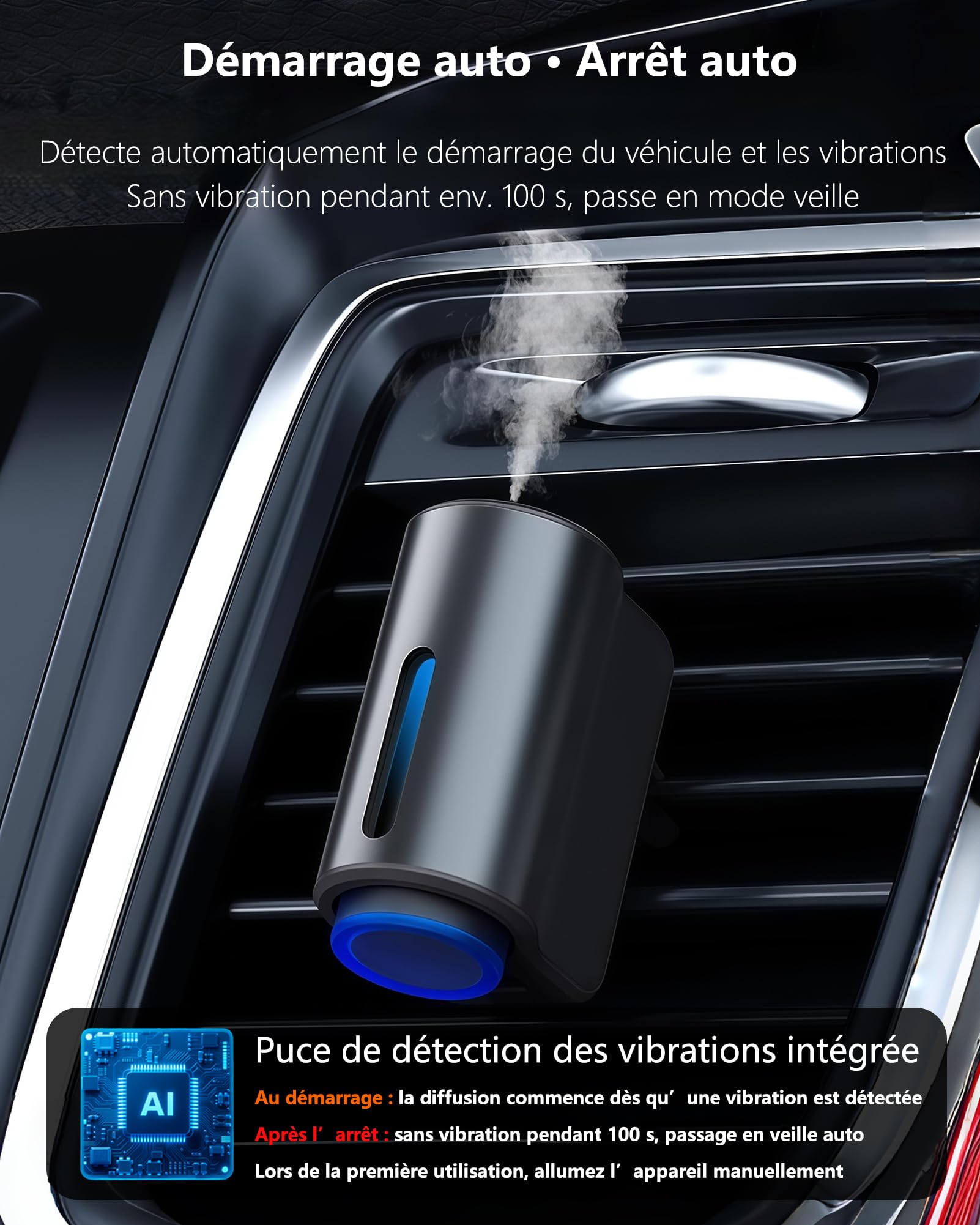 Électrique Diffuseur Voiture avec 3 parfums (Colognee/Style Parisien/Hiltonn), Diffuseur Électrique, Atomiseur Ultrasonique, 3 Modes, On/Off Automatique, Batterie Intégrée, Diffuseur d'Arômes CFK-3Z