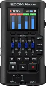 Zoom Gravador flutuante R4 MultiTrak de 32 bits com bounce estéreo, 2 entradas XLR/Comboio, Microfone embutido, efeitos, ritmos, alimentado por bateria, interface de áudio para músicos, compositores e artistas