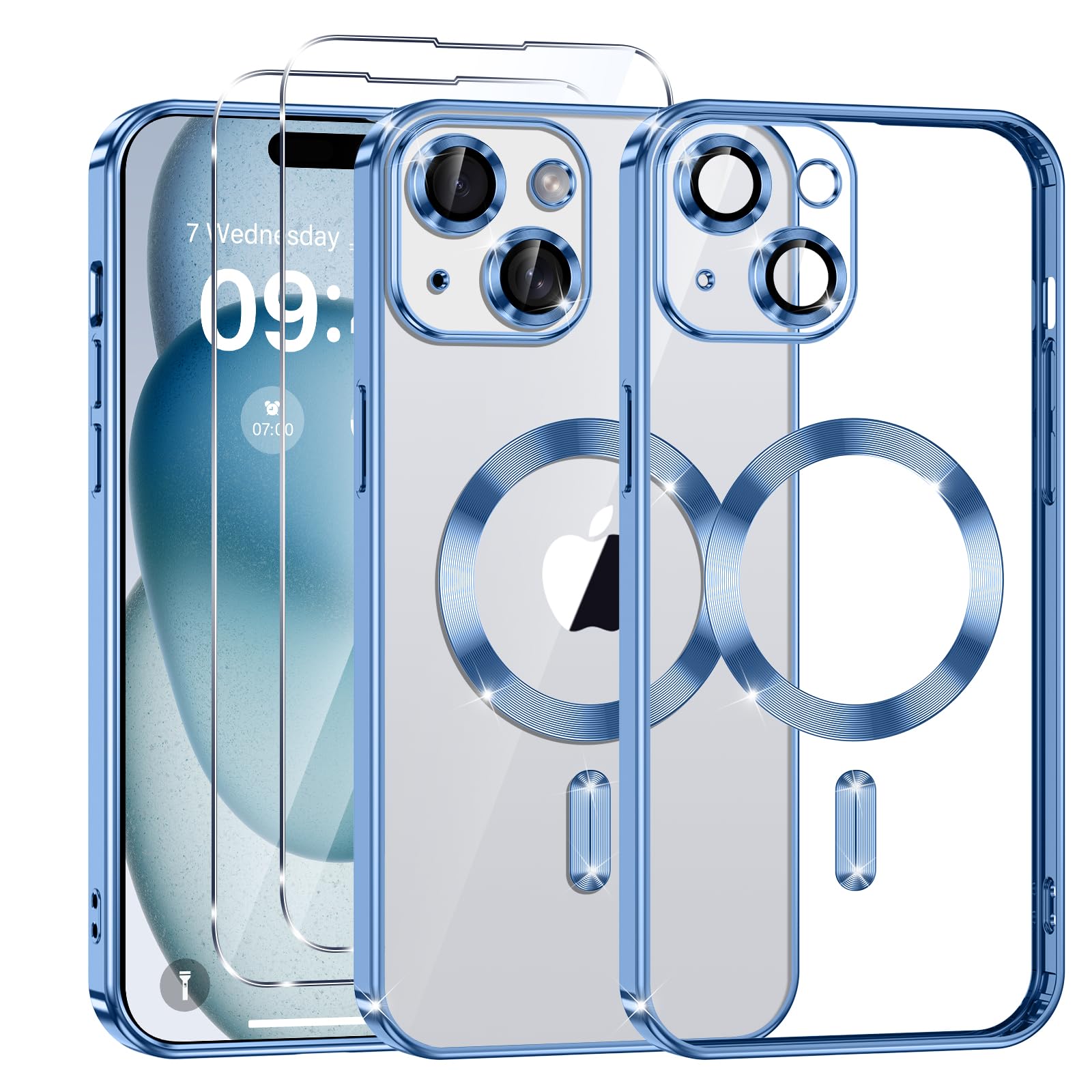 Phoona Transparent Magnética Funda Galvanizada para iPhone 15 Plus 6,7 Pulgadas, con 2 x Protector Pantalla, Compatible con MagSafe Carga Inalámbrica, Suave de TPU Anti-Choques Caso, Azul