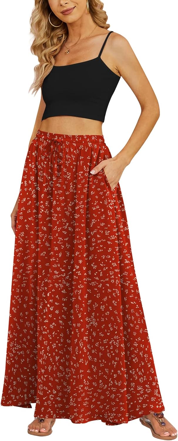 Yincro Women's Flowy Maxi Skirt Summer Pleated High Waisted Casual Long Skirts with Pockets