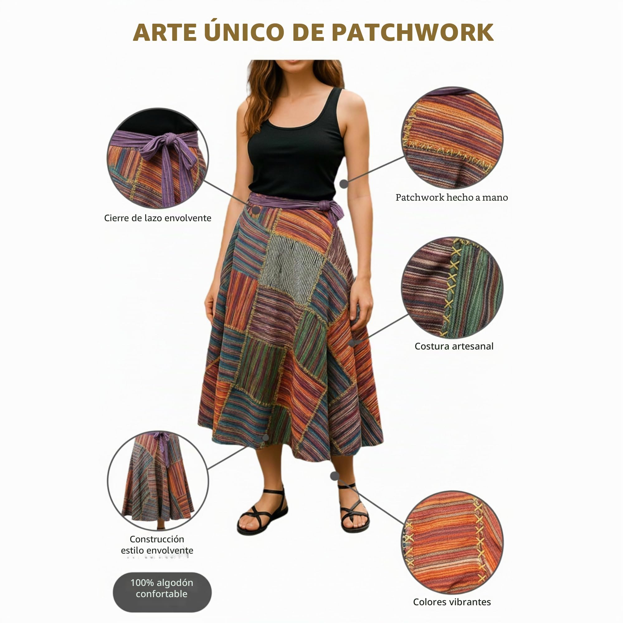SHOPOHOLIC FASHION Envolvente Redondo Hippy Festival Patchwork Boho Falda Larga | Festival, longitud hasta la rodilla, multicolor
