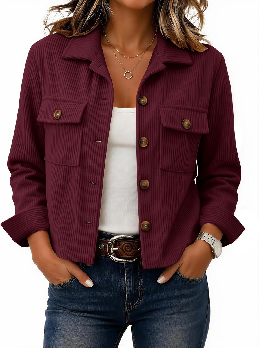 Zeagoo Womens Fashion Cropped Jacket Corduroy Button Down Long Sleeve Coats | Lightweight crop shackets, trendy outfits, fall winter outwear