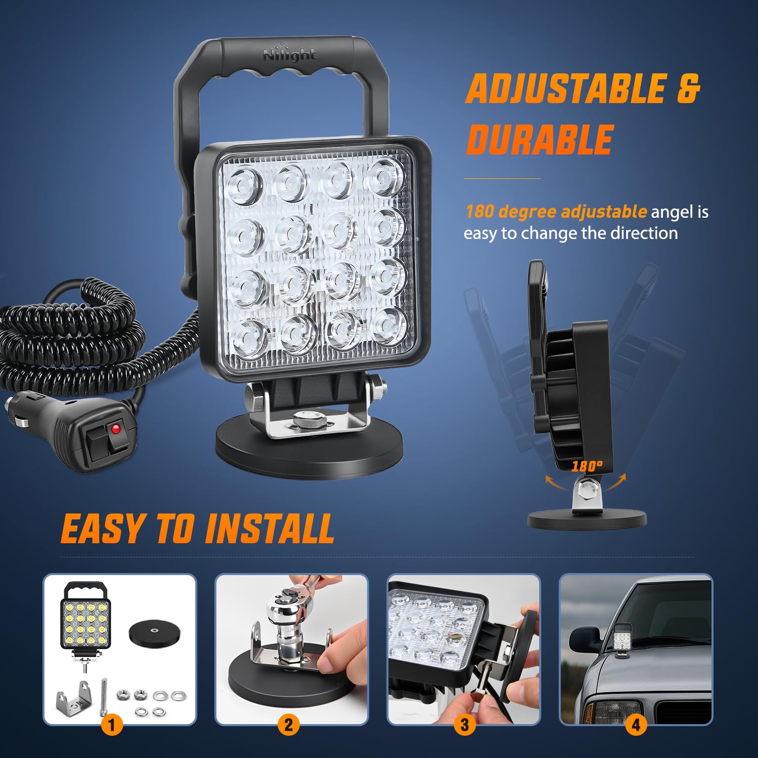 Nilight LED Lichtleiste 4 Zoll 48W, quadratisches tragbares Flutlicht mit Zigarettenanzünder, Kabelsatz & Magnetfuß, 16 LEDs, Arbeits- & Nebelscheinwerfer für LKW, Traktor, Golfcart, UTV