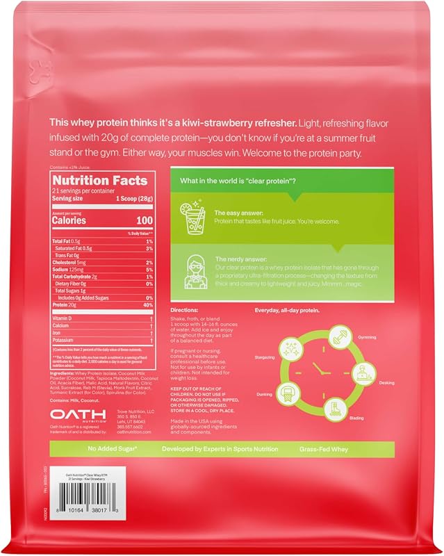 Oath Nutrition Clear Whey Isolate Protein Powder, Kiwi Strawberry, 20g Complete Protein per Serving, No Added Sugar, Grass-Fed, 21 Servings image 2