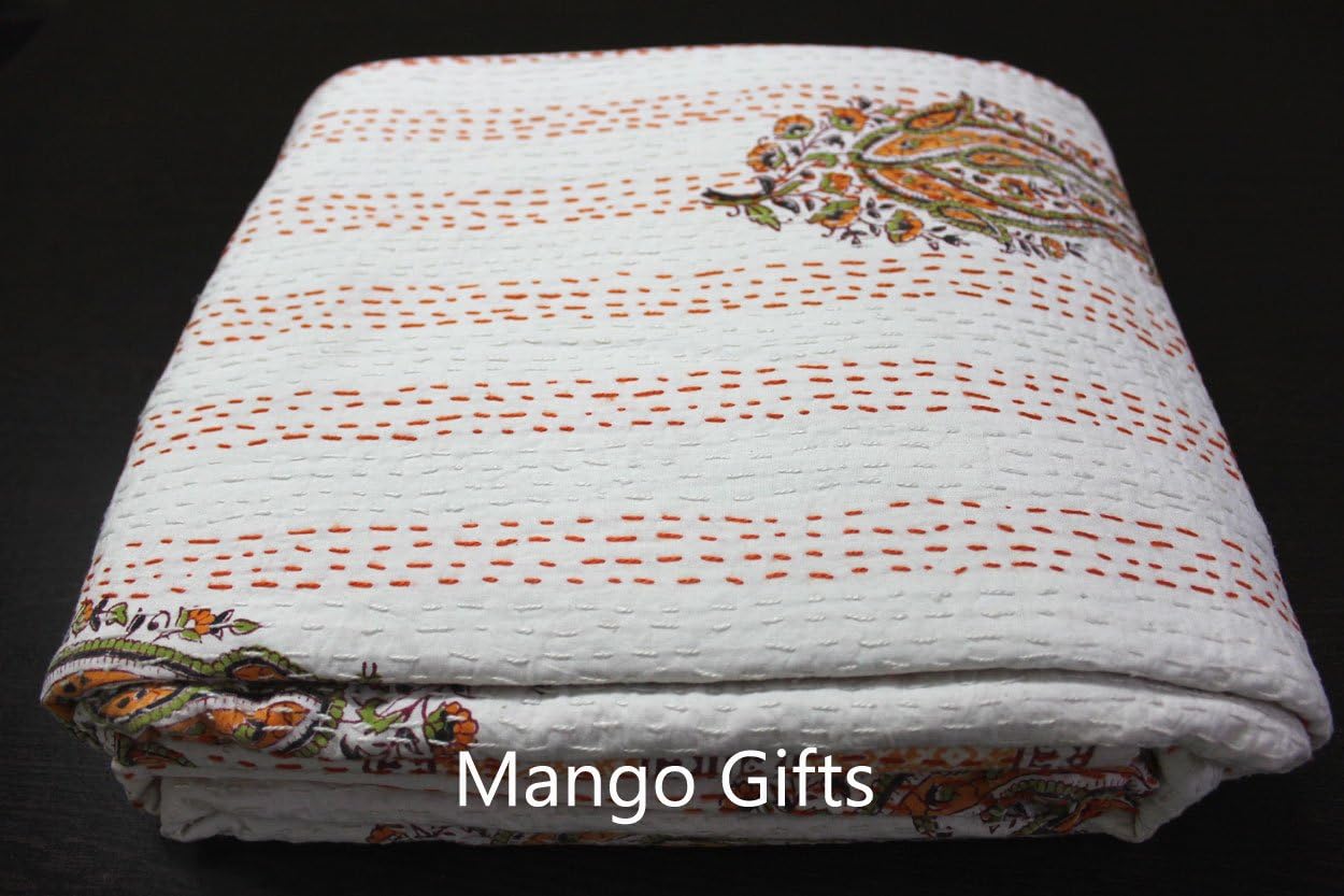 Mango Gifts Pure Cotton Kantha Style Queen Size Floral Quilt Bed Spread, Indian Hand-Block Print Gudri Vintage Throw