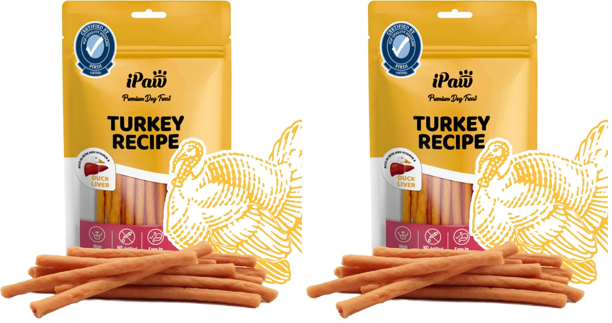 iPaw Turkey Dog Treats, SQF Certified Human Grade Dog Treat, Suitable for Training Chew, Hypoallergenic, Rawhide Alternative, Thin Stick (Duck Liver) (Pack of 2)