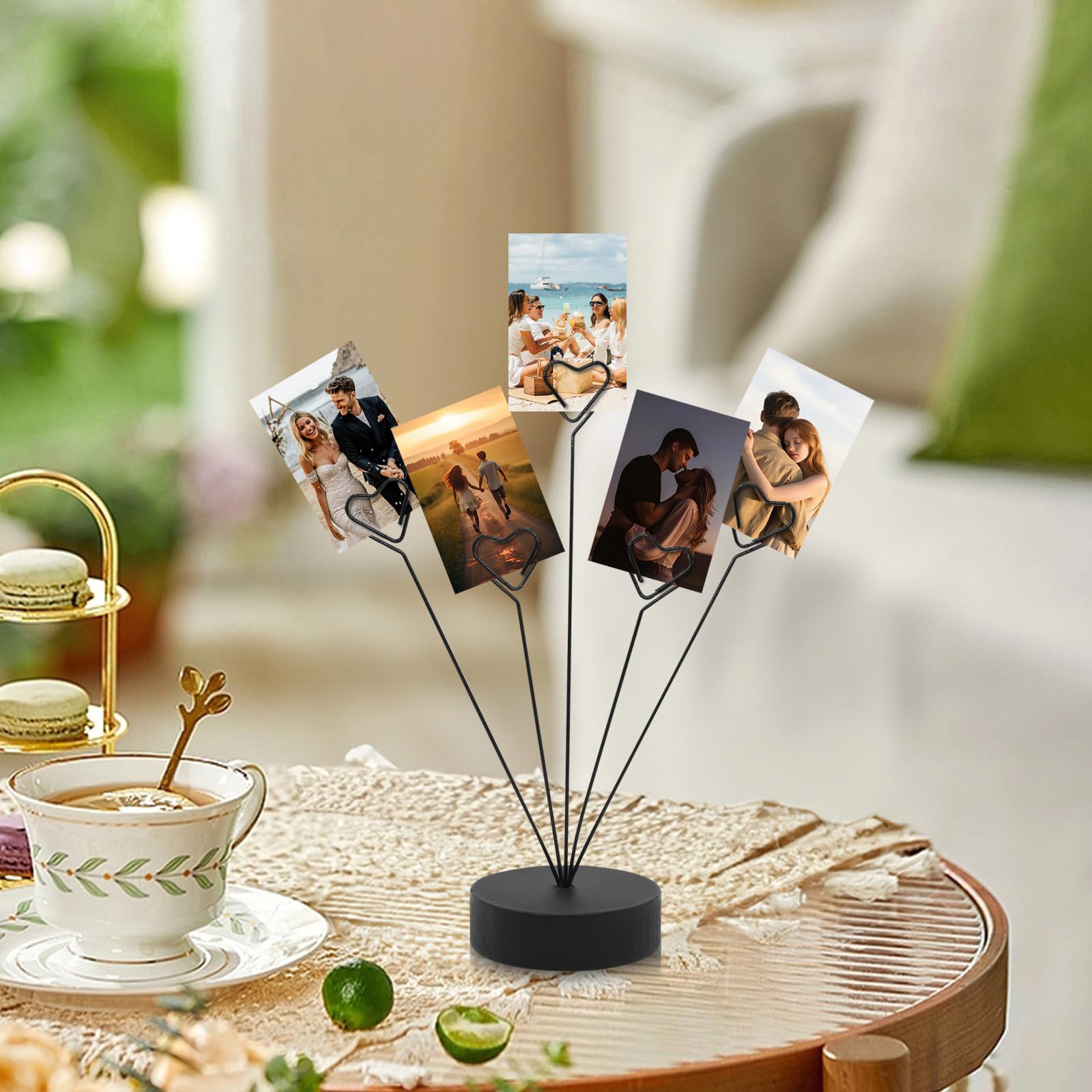 HINGTAI Black Tree Holder for Pictures Desk Photo Display Gift Tree Holder for Party, Heart-Shaped Photo Stand Contains Five Clips, Round Base Suitable as a Gift for Holidays Weddings or Work
