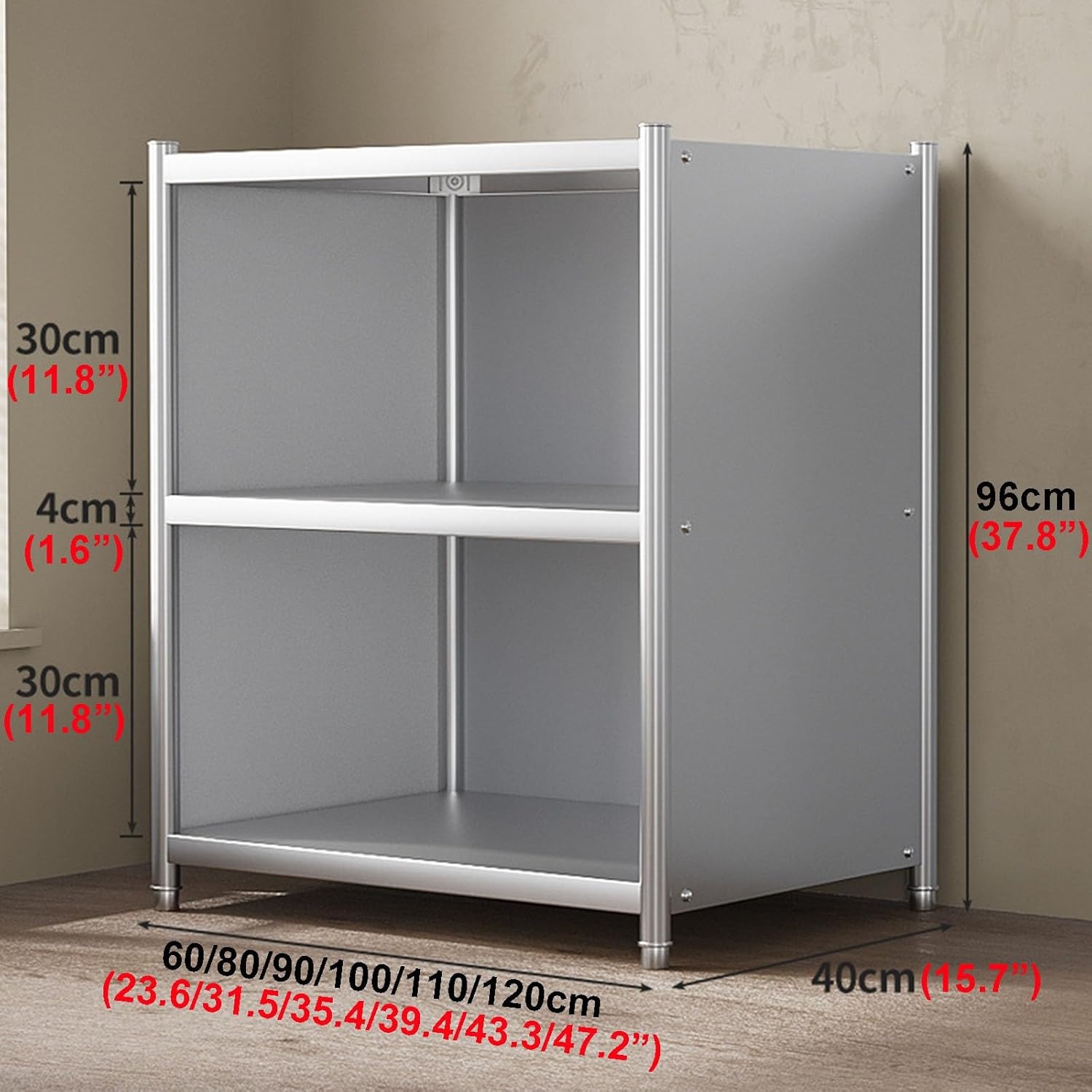 Multi-Tier Stainless Steel Workbench Open Work Countertop Vertical Three-Tier Storage Rack Worktable Closed Sideboard Cabinet Easy Installation Sturdy Structure H96cm(60x40x96cm)