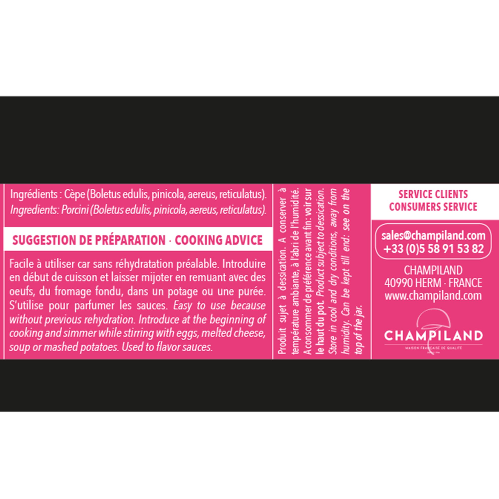 CHAMPILAND - Cèpe séchés poudre - Champignons Sylvestres Sélectionnés, et Triés à la Main- Saveur Exceptionnelle - Champignons Riches en Protéines et source de fibres - Pot de 60 g
