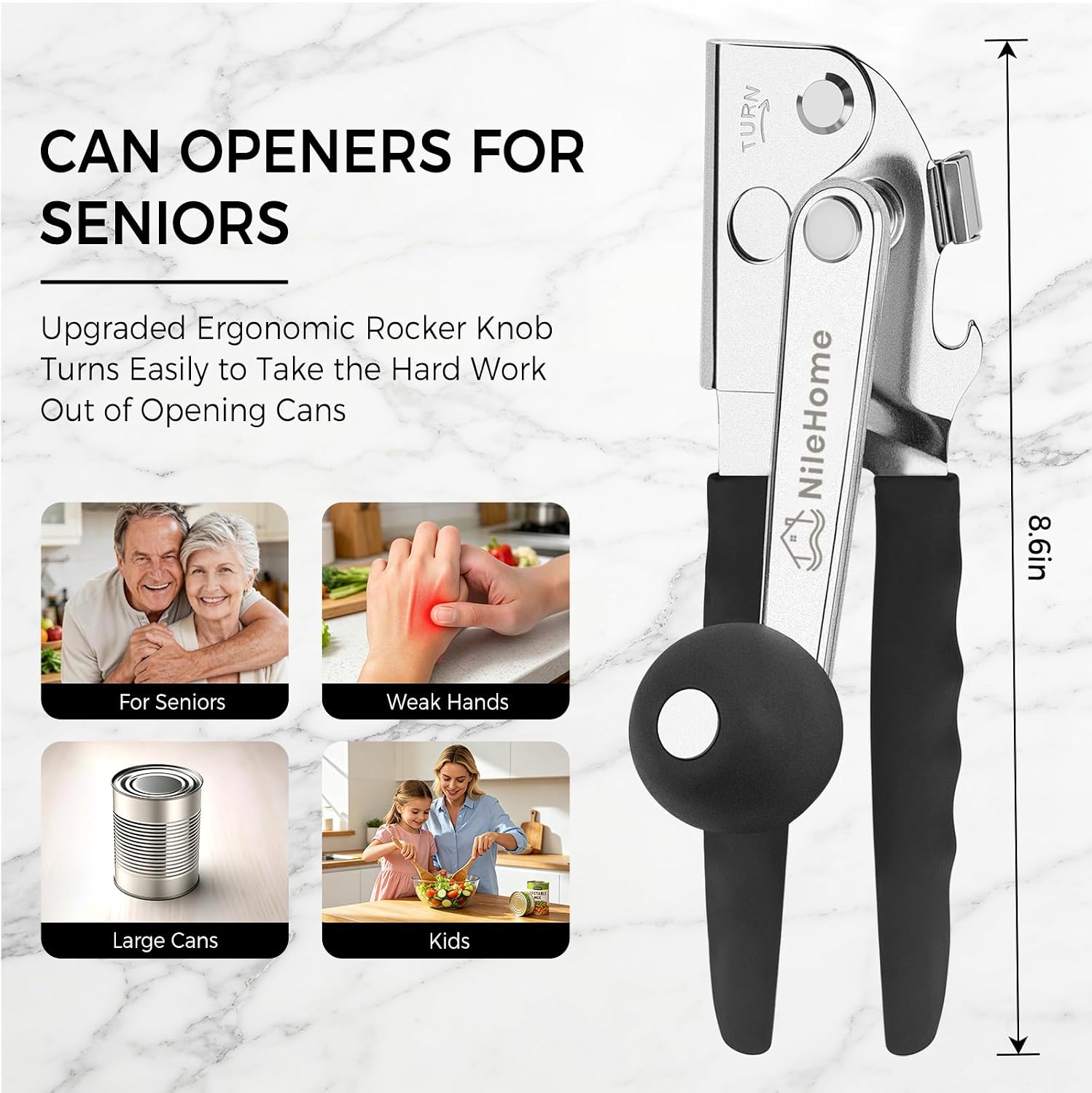 NileHome Commercial Hand Crank Can Opener with Extra-Long Handles, Black