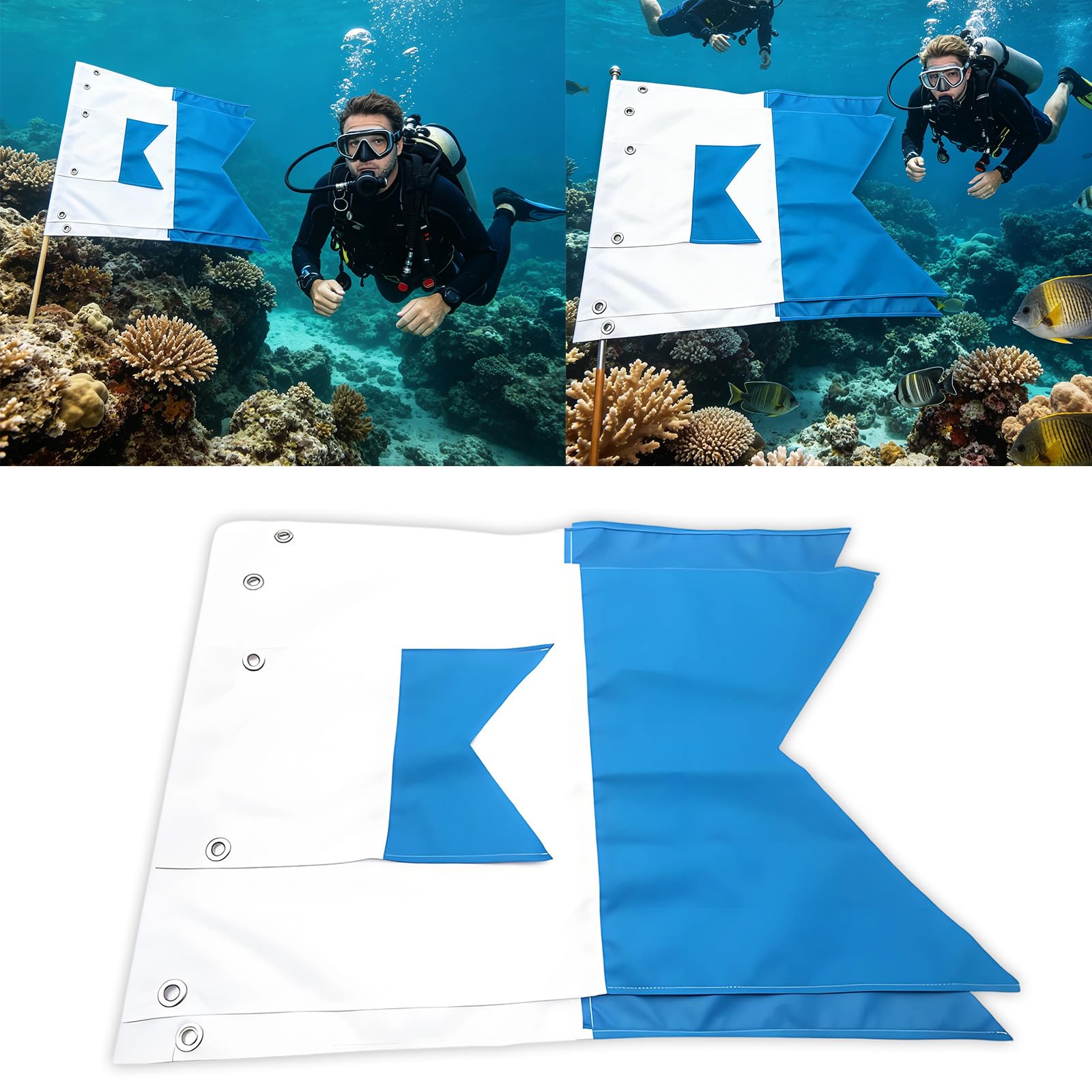 Generisch Set de banderas flotantes de buceo, 35 x 25 cm, 75 x 60 cm, 80 x 50 cm, tamaño azul y blanco, para actividades marinas y seguridad en la piscina, bandera de seguridad para snorkel