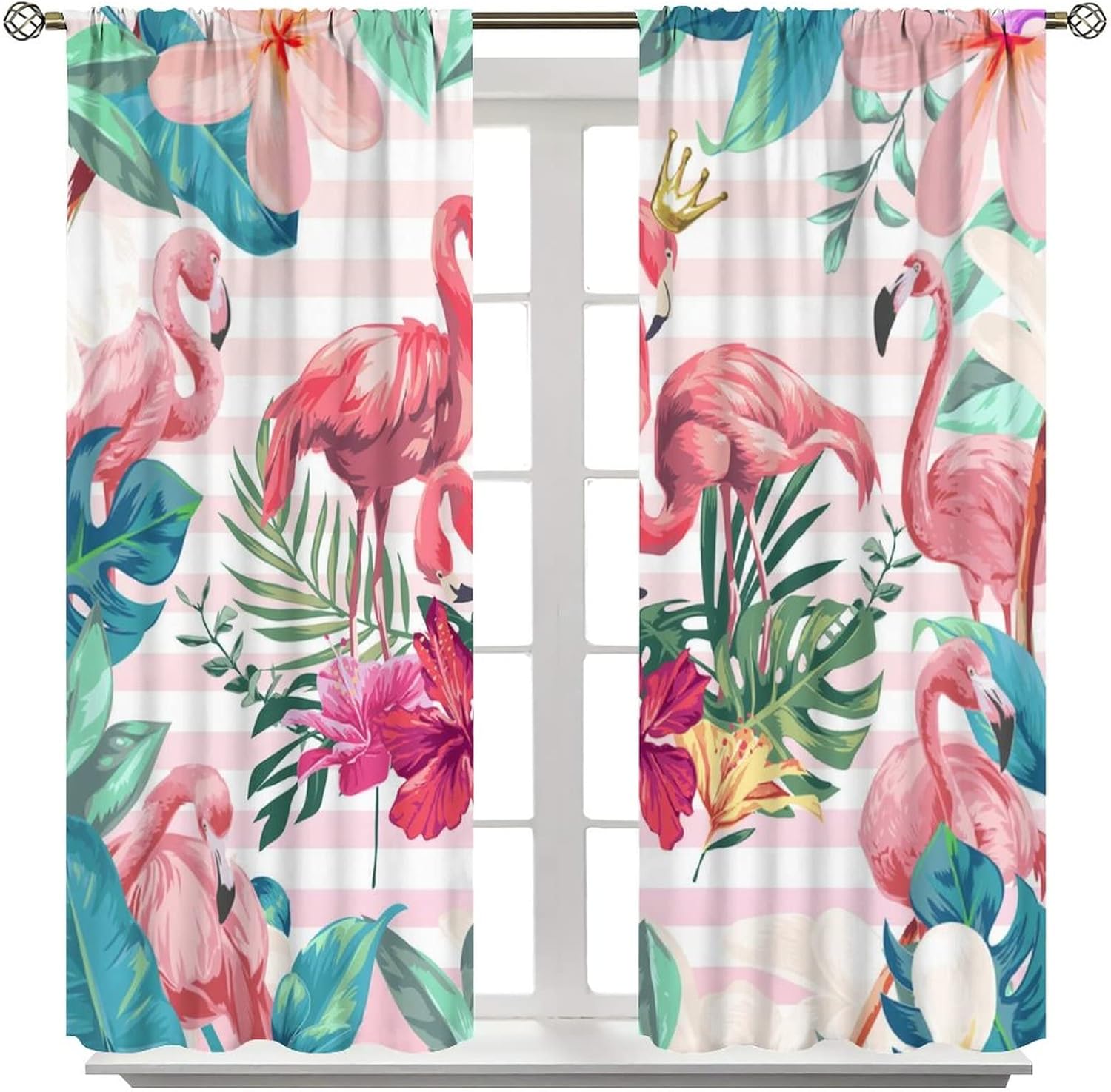 Summer Flamingo Rod Pocket Blackout Curtains for Bedroom - Watercolor Tropical Leaves and Flowers Pink Stripes Window Drapes,Thermal Insulated Room Darkening Curtains 2 Panels 63L x 31.5W
