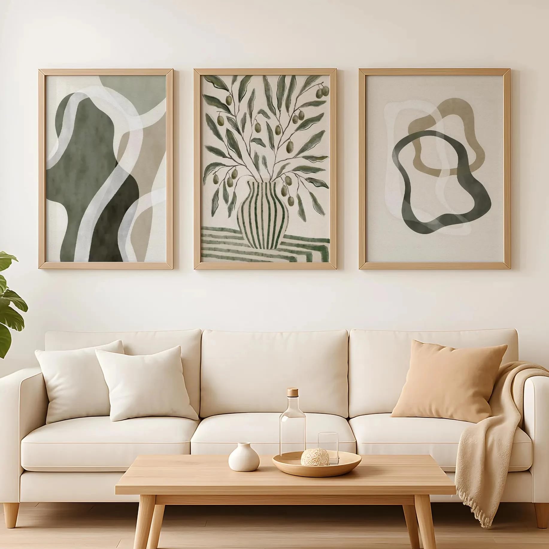 Pósteres abstractos botánicos minimalistas para pared, láminas de galería verdes, decoración neutra para el hogar color oliva (60x85cm-3 piezas)