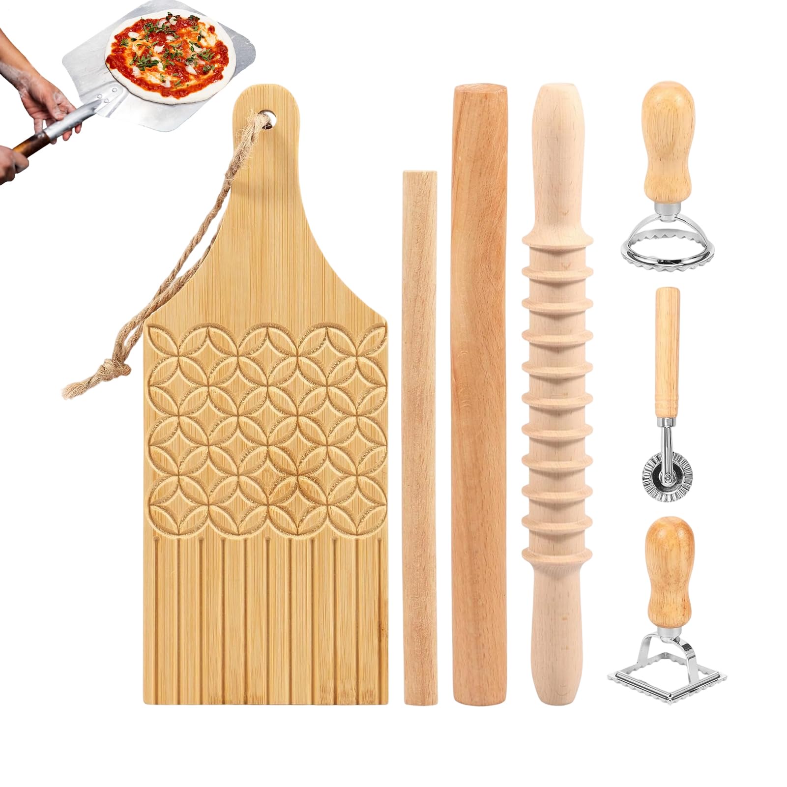 Tagliapasta 7 Pezzi Tagliere Manuale In Legno Per Alimenti | Tagliapasta a Ruota per Impasto Tagliatelle Ravioli Pasticceria Cucina Casa Ristorante Commerciale Preparazione Cibo e Pasti