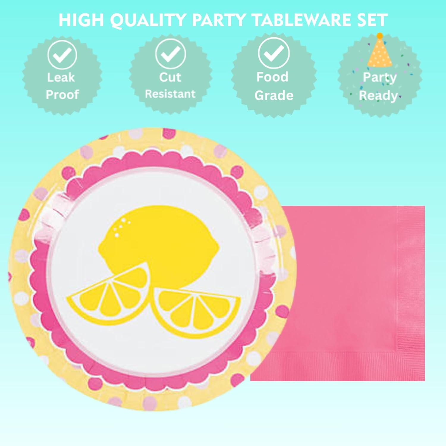 Lemon Party Supplies - Pink Lemonade Lemon Slice Paper Dinner Plates and Beverage Napkins (Serves 16)