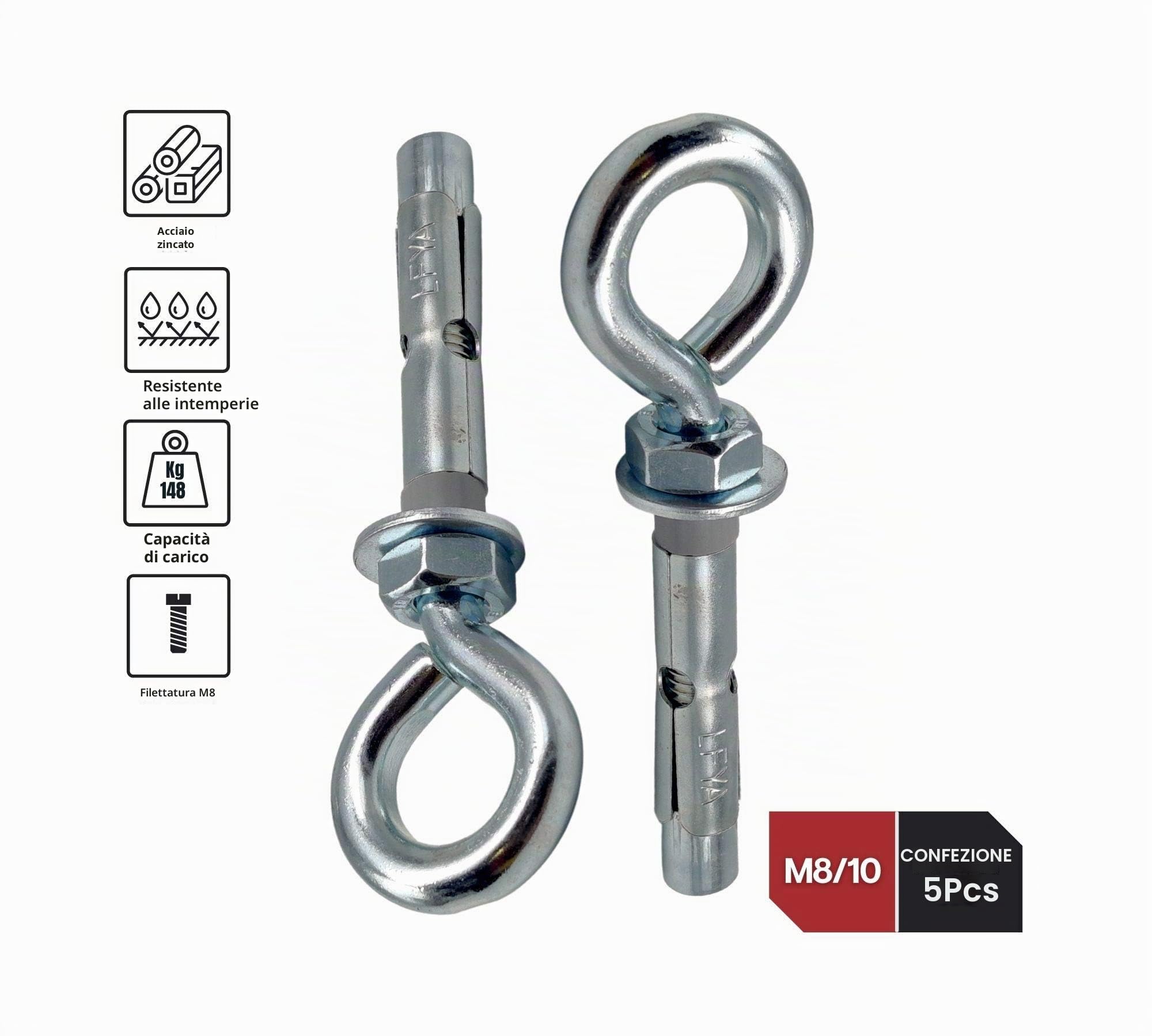 Tasselli Espansione con Anello M8-10 5 Pezzi Ganci Muro Acciaio Zincato Bianco