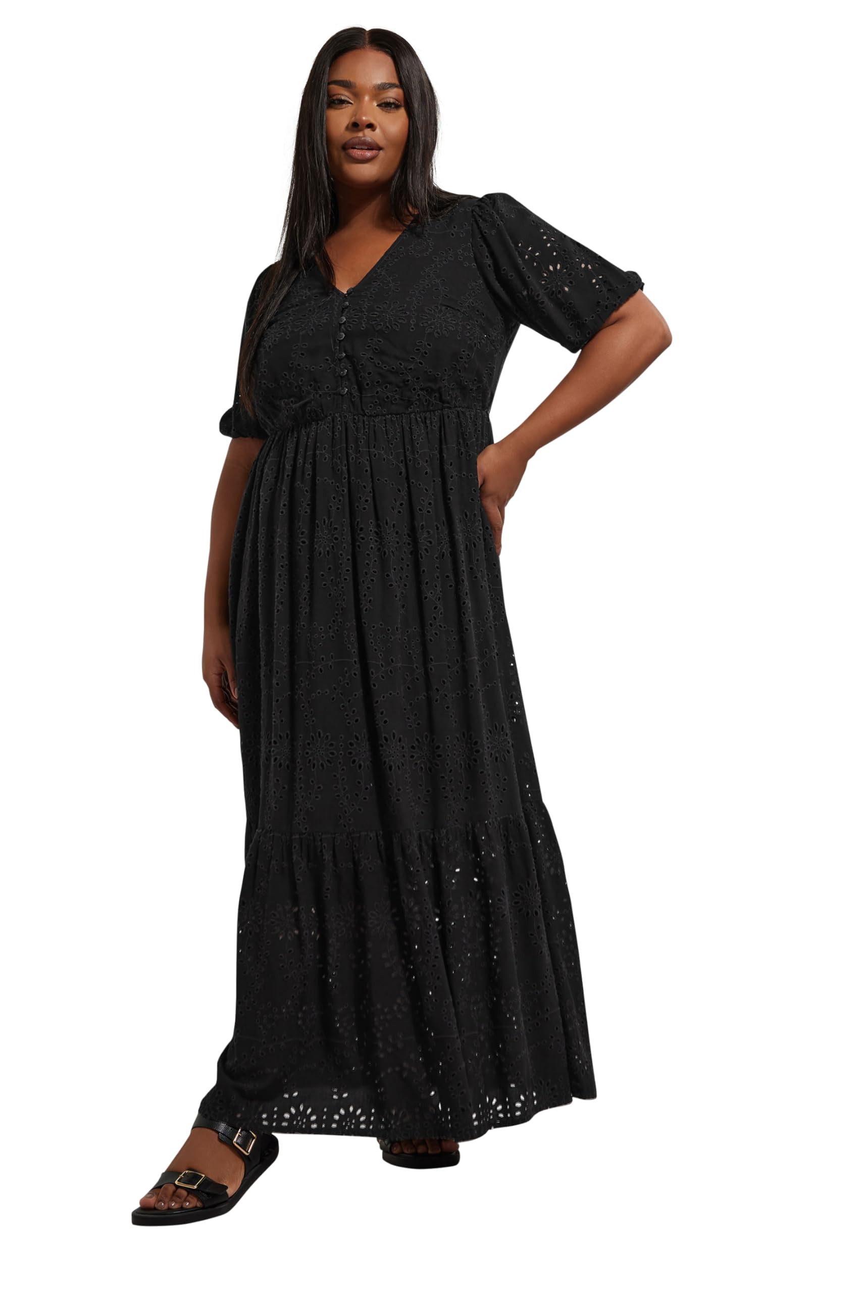 Yours Women's Black Curve Broderie Anglaise Tiered Maxi Dress - Plus Size Curve