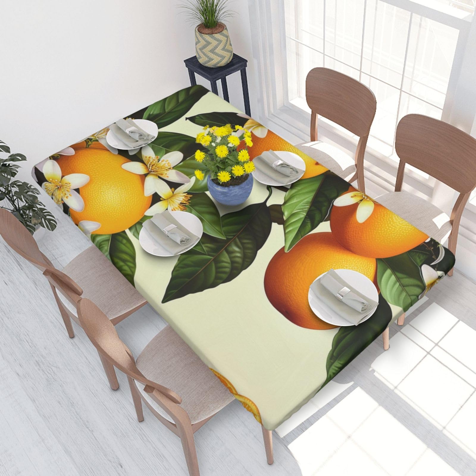 WPKJU Yellow Blossom and Orange Fruits Printed Tablecloths 4ft Rectangular Table Covers Washable Polyester Decorative Table Cloth for Dining Table Picnic Wedding